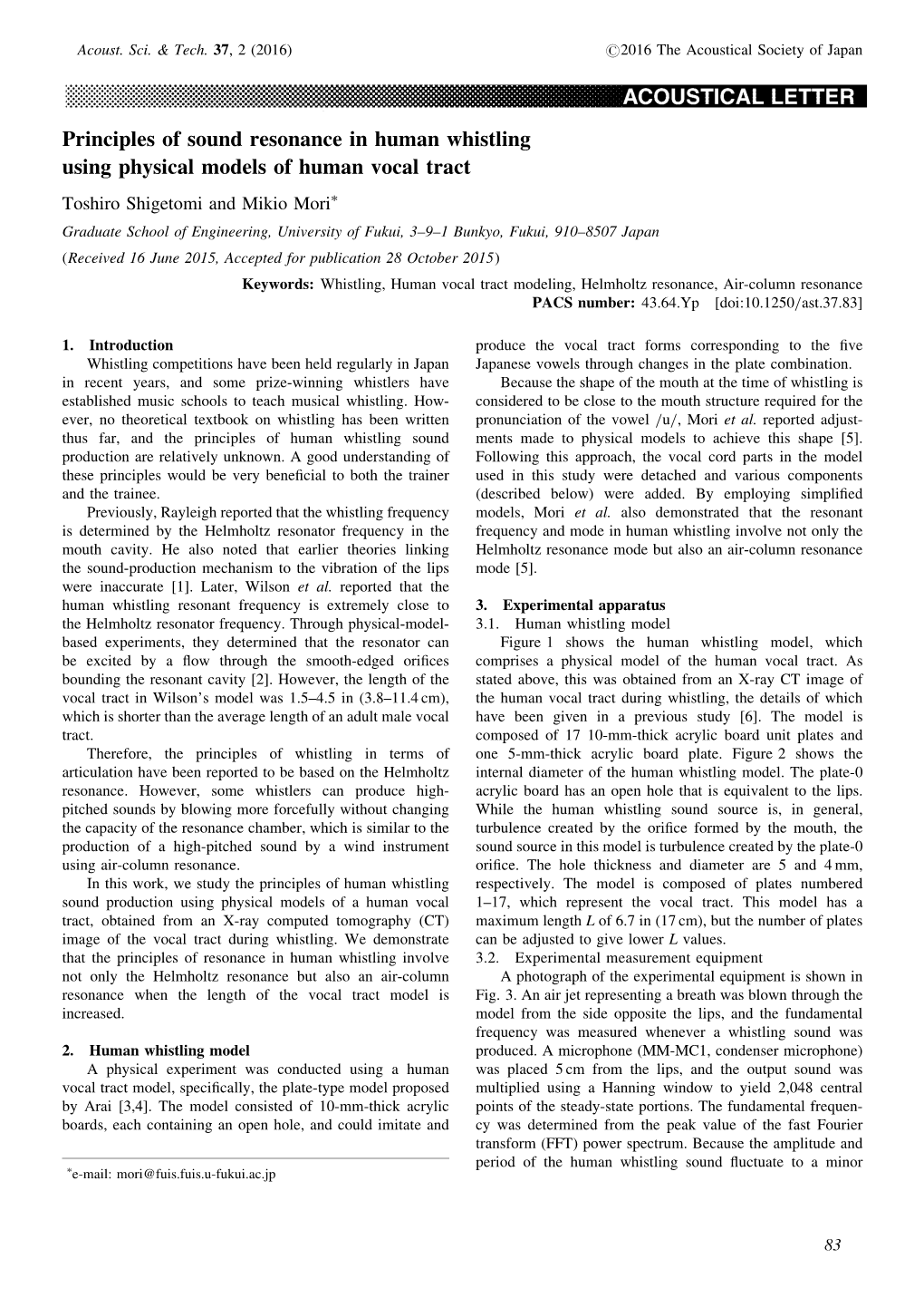 Principles of Sound Resonance in Human Whistling Using Physical Models of Human Vocal Tract