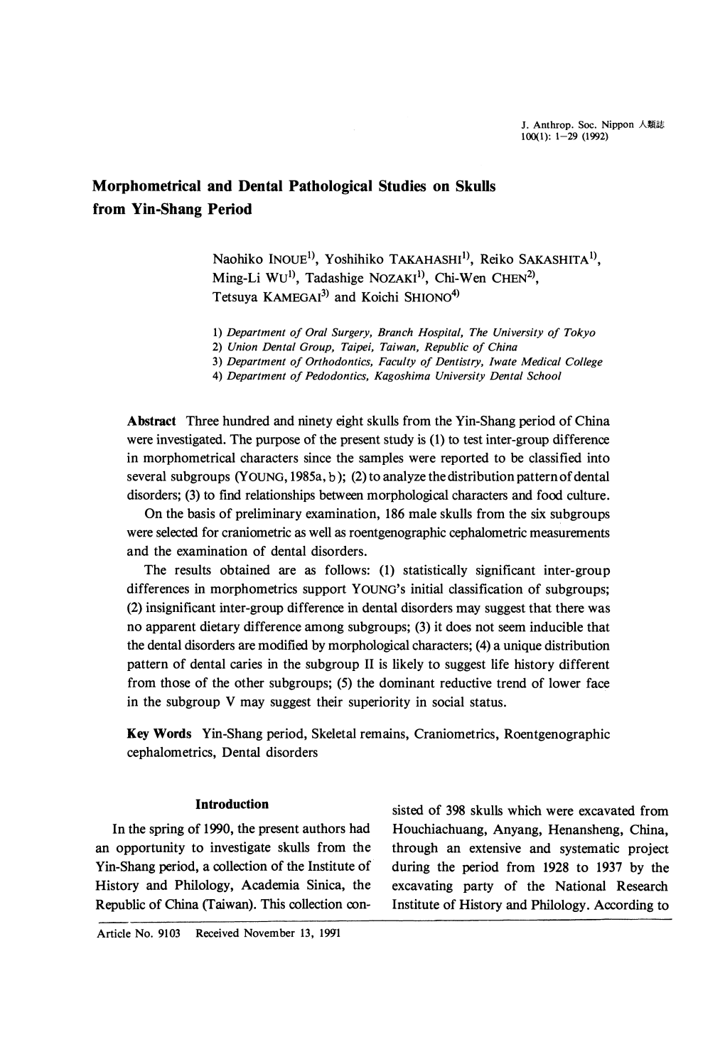 Morphometrical and Dental Pathological Studies on Skulls from Yin-Shang Period