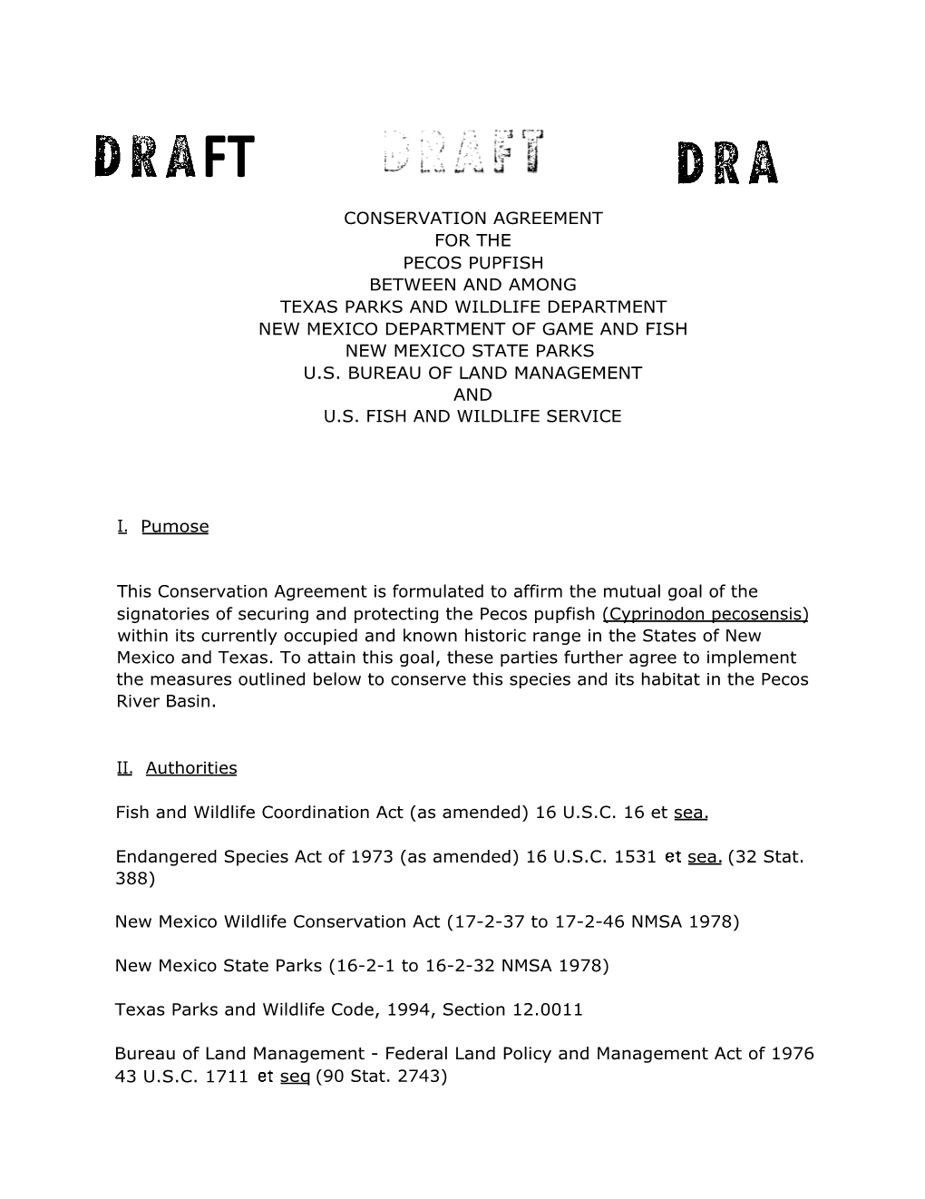 Conservation Agreement for the Pecos Pupfish Between and Among Texas Parks and Wildlife Department New Mexico Department of Game and Fish New Mexico State Parks U.S