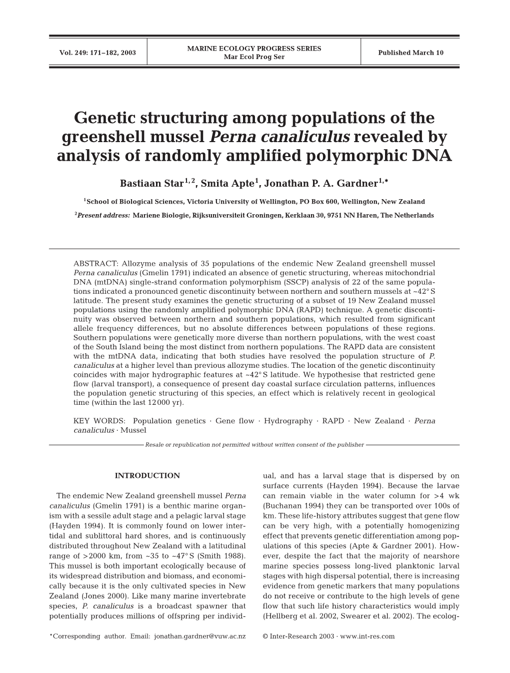 Genetic Structuring Among Populations of the Greenshell Mussel Perna Canaliculus Revealed by Analysis of Randomly Amplified Polymorphic DNA