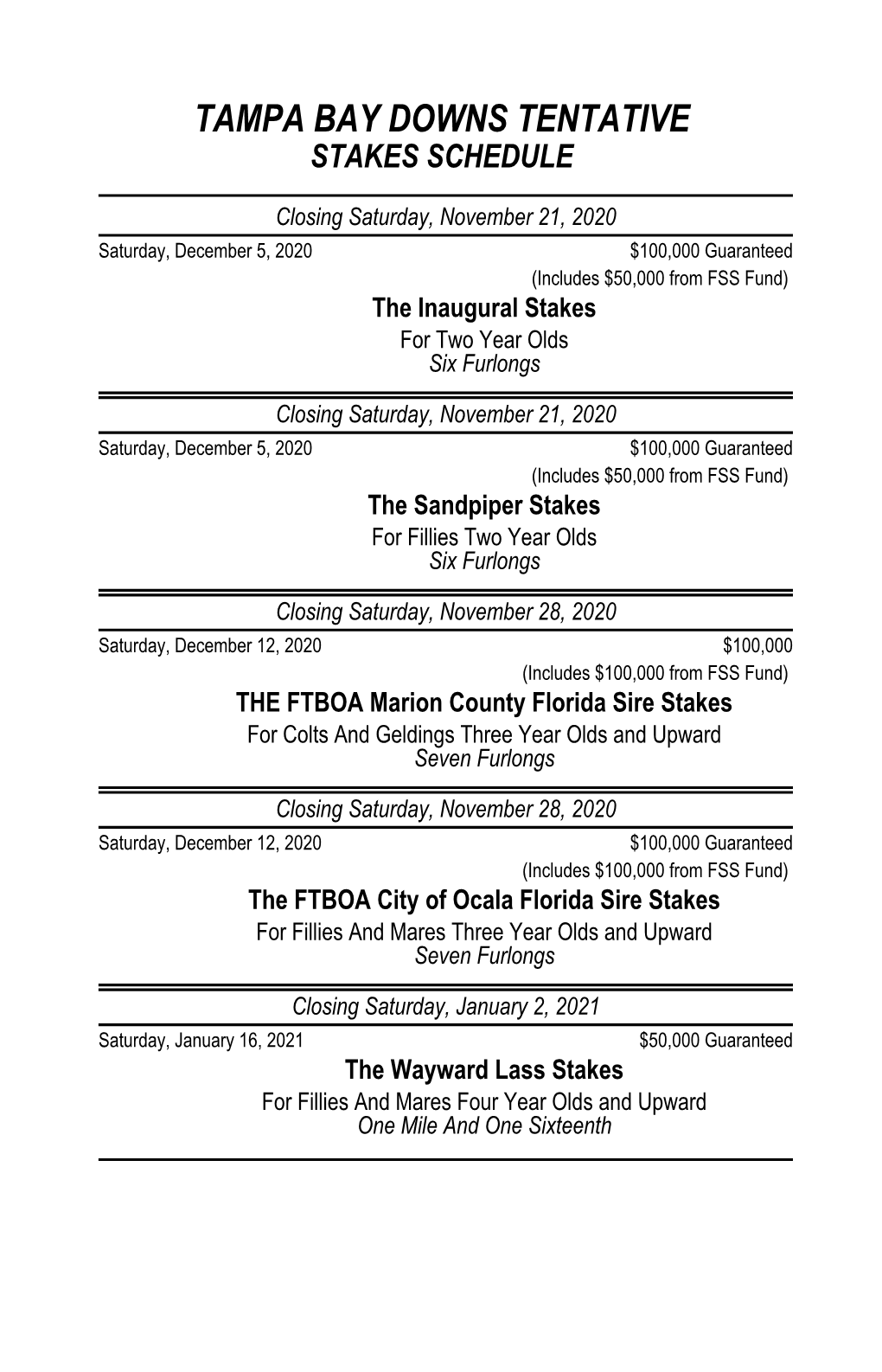 Tampa Bay Downs Tentative Stakes Schedule