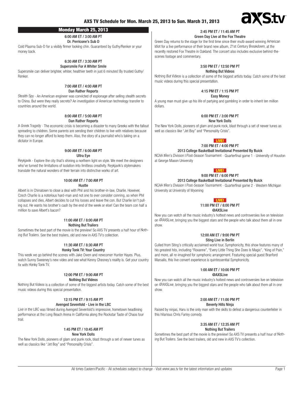 AXS TV Schedule for Mon. March 25, 2013 to Sun. March 31, 2013