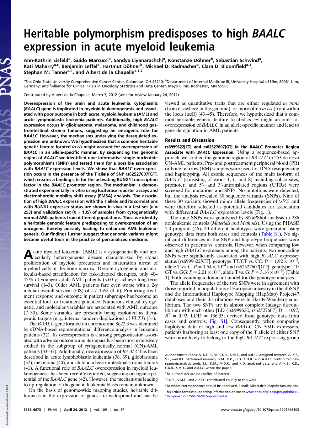 Heritable Polymorphism Predisposes to High BAALC Expression in Acute Myeloid Leukemia