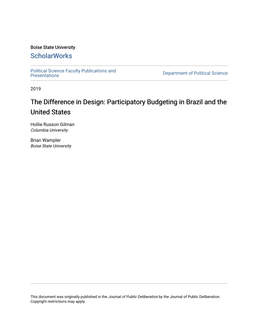 Participatory Budgeting in Brazil and the United States