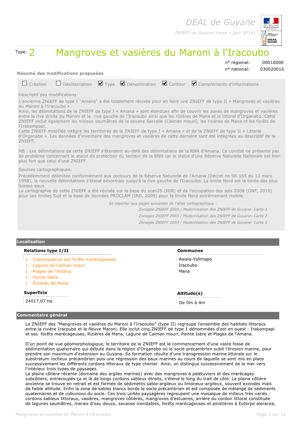 Mangroves Et Vasières Du Maroni À L'iracoubo N° Régional: 00010000 N° National: 030020016 Résumé Des Modifications Proposées