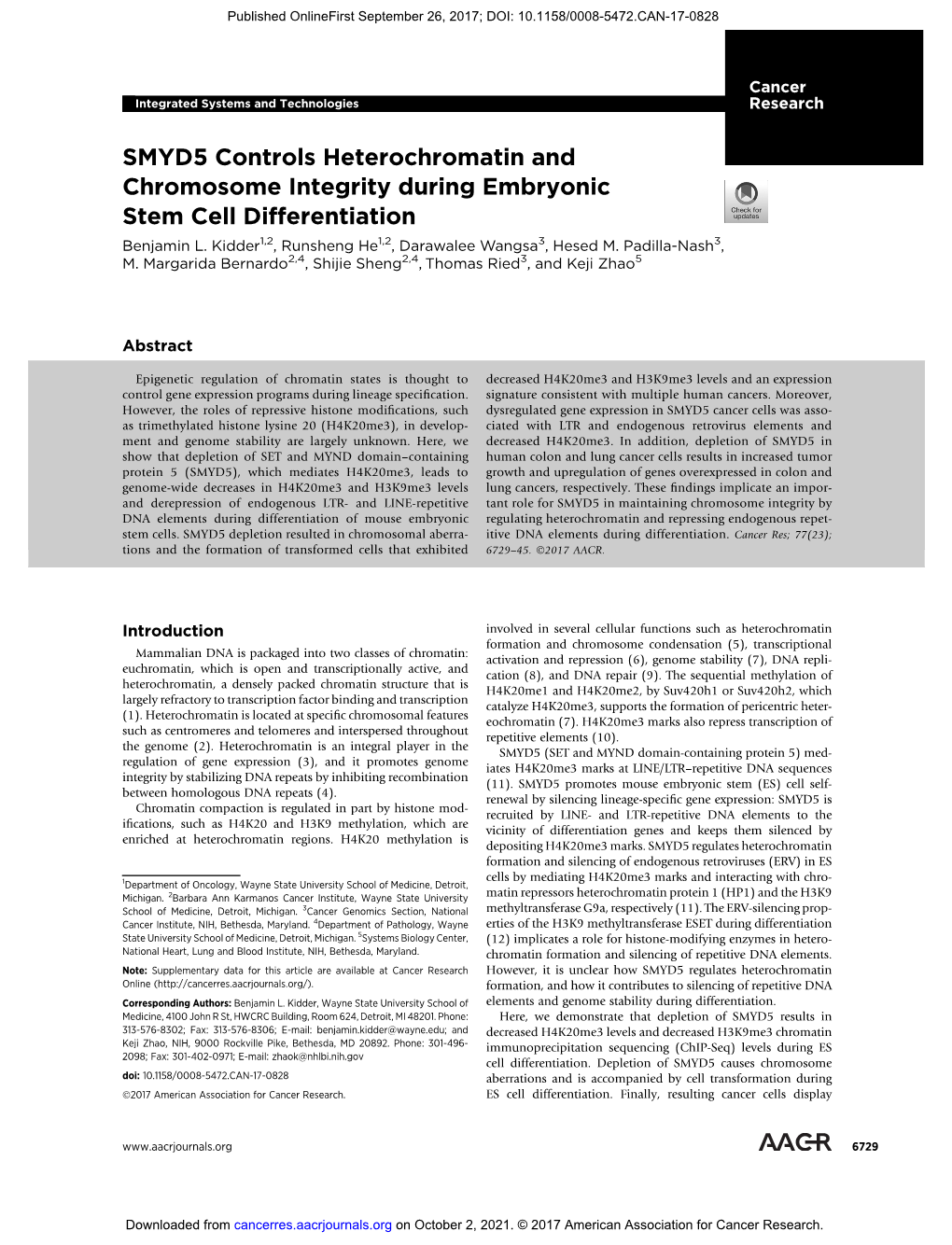 SMYD5 Controls Heterochromatin and Chromosome Integrity During Embryonic Stem Cell Differentiation Benjamin L