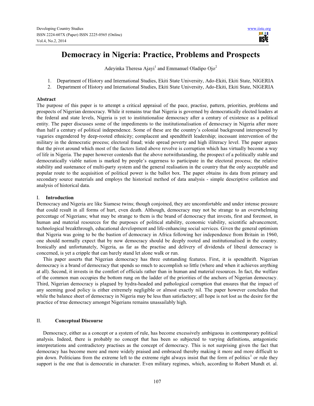 Democracy in Nigeria: Practice, Problems and Prospects