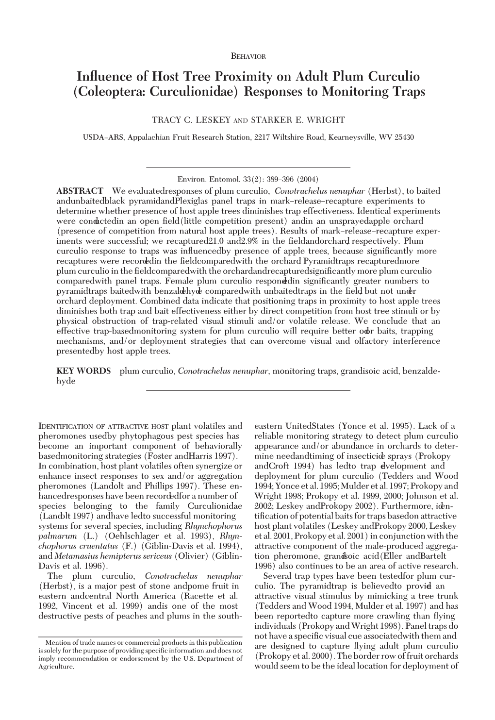 Influence of Host Tree Proximity on Adult Plum Curculio