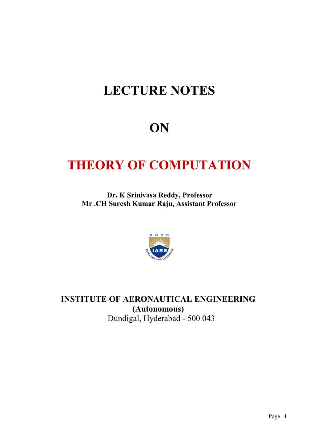 Lecture Notes on Theory of Computation