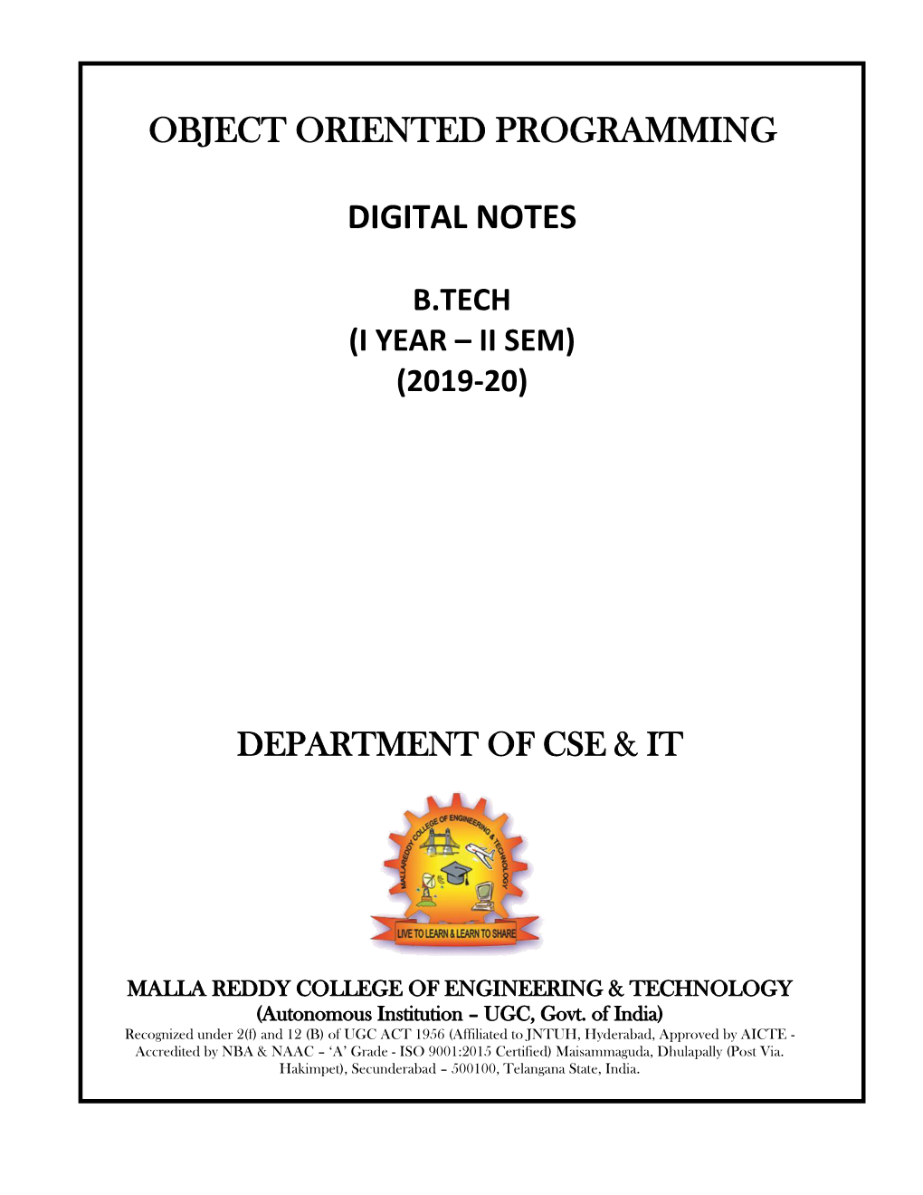 Object Oriented Programming Digital Notes