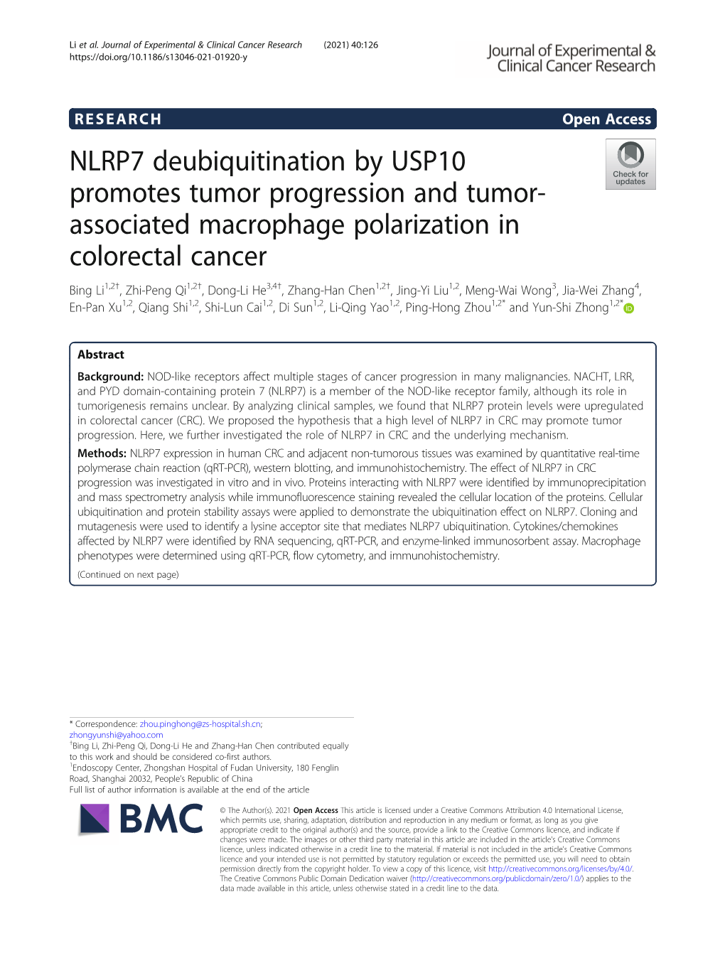 NLRP7 Deubiquitination by USP10 Promotes Tumor Progression And