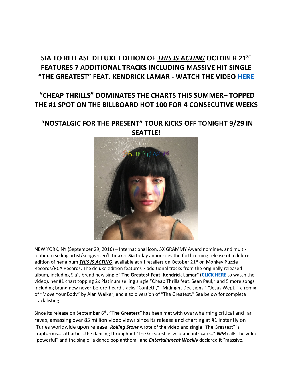 Sia to Release Deluxe Edition of This Is Acting October 21St Features 7 Additional Tracks Including Massive Hit Single “The Greatest” Feat