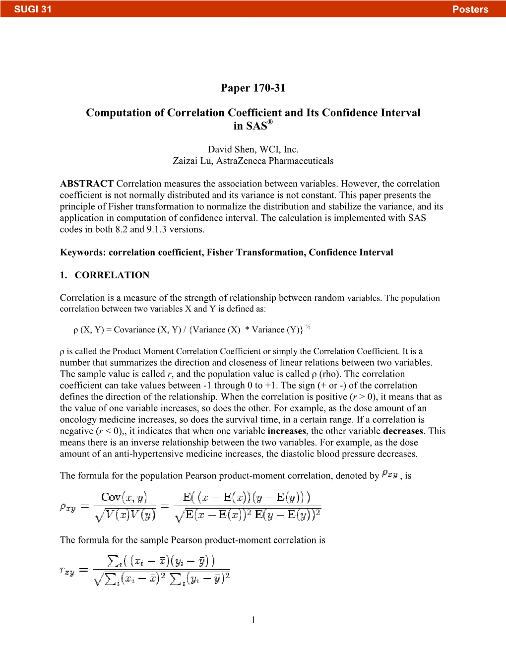 170-31: Computation of Correlation Coefficient and Its