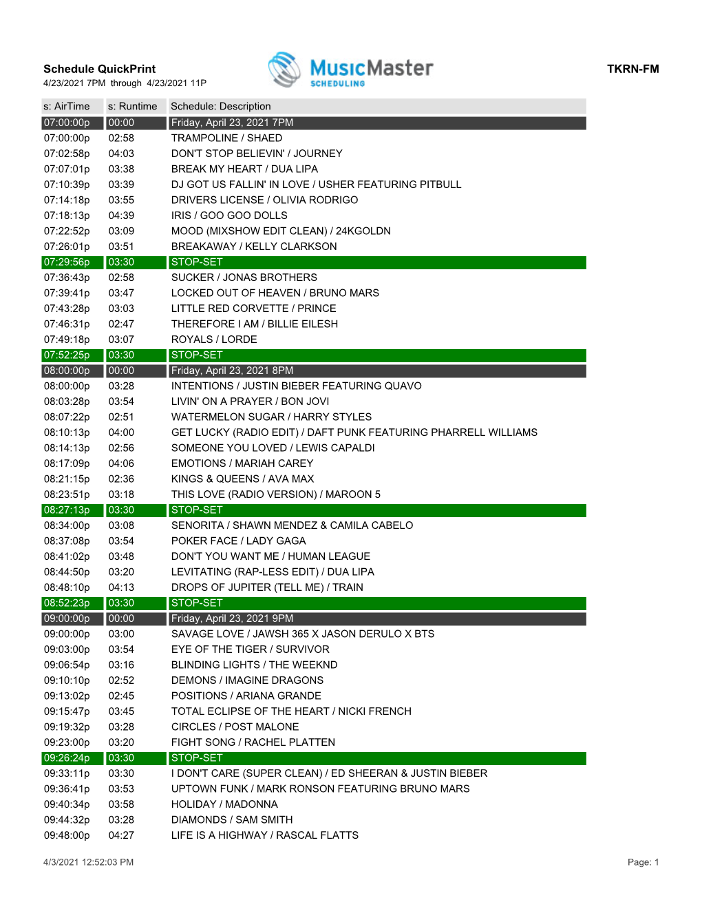 Schedule Quickprint TKRN-FM