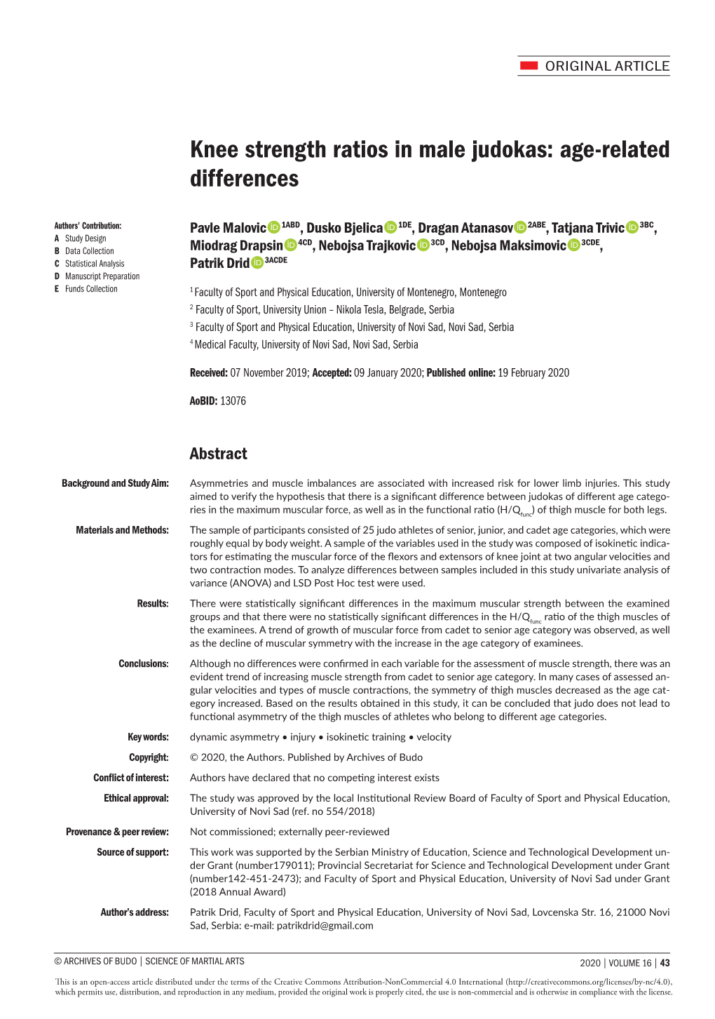 Knee Strength Ratios in Male Judokas: Age-Related Differences