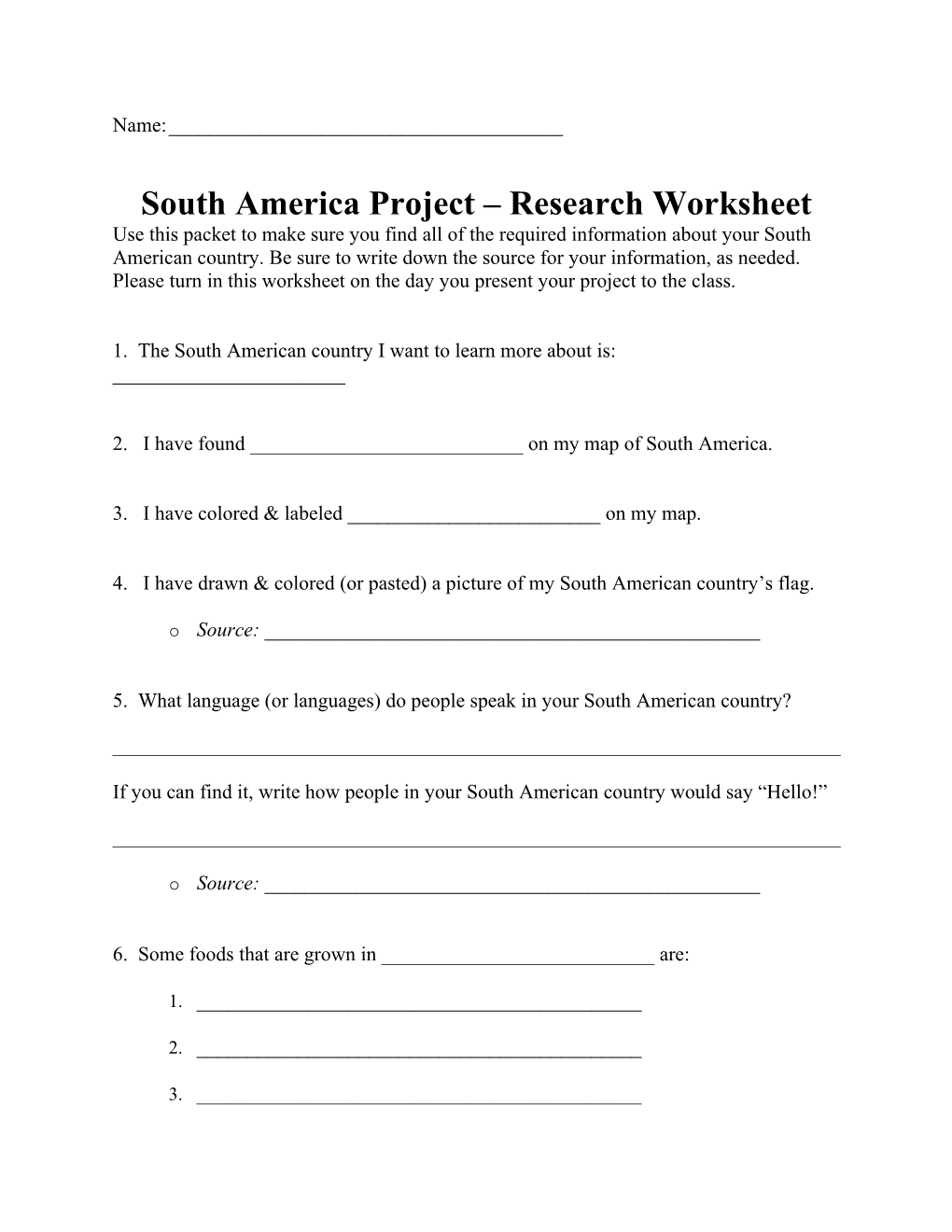 South America Project Research Worksheet