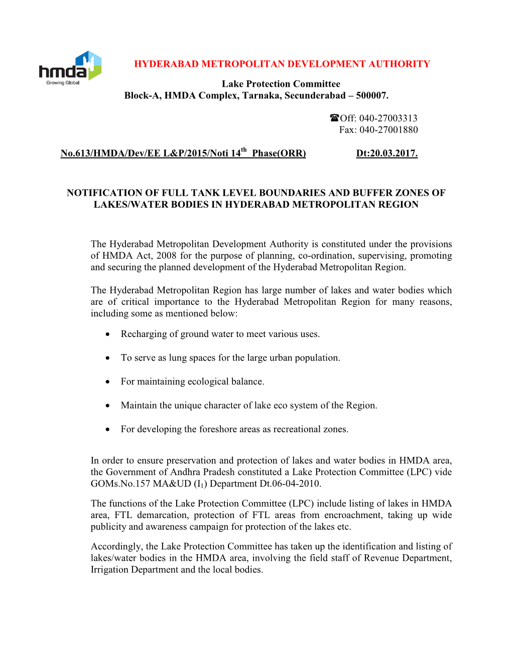 HYDERABAD METROPOLITAN DEVELOPMENT AUTHORITY Lake Protection Committee Block-A, HMDA Complex, Tarnaka, Secunderabad – 500007