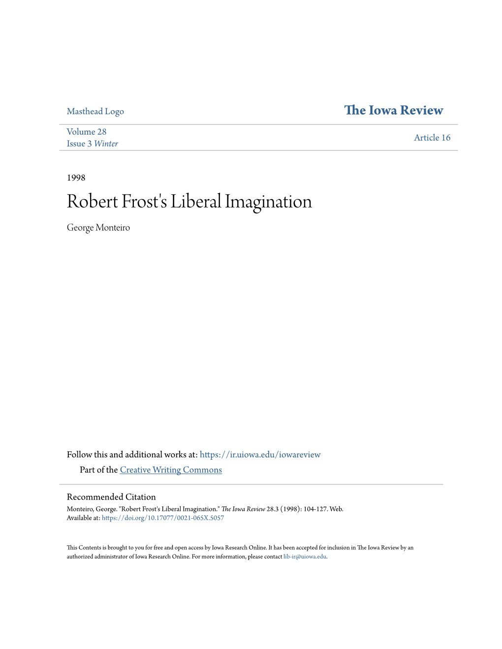 Robert Frost's Liberal Imagination George Monteiro