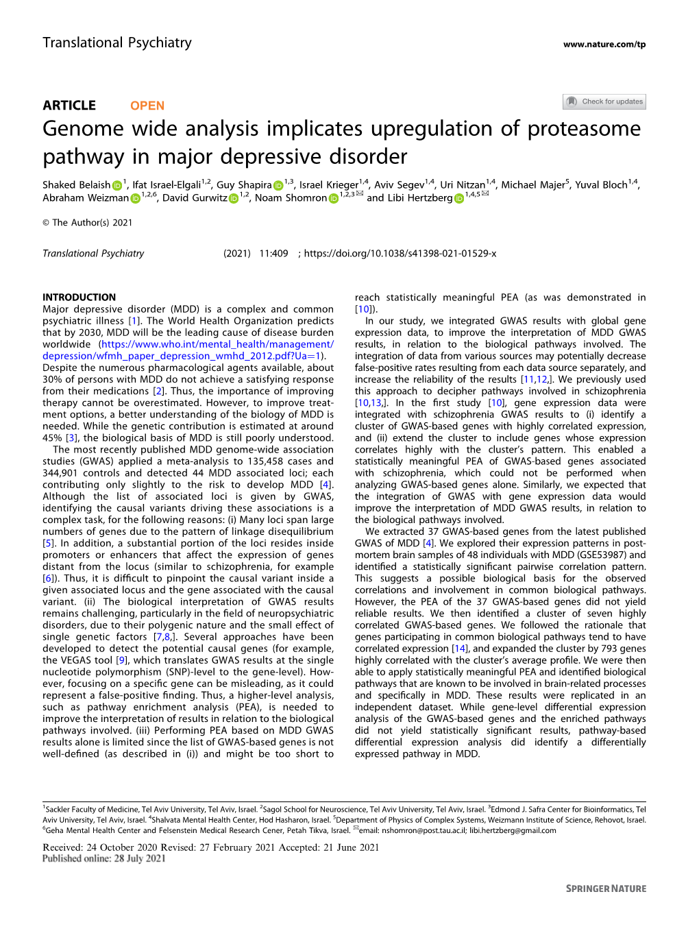 Genome Wide Analysis Implicates Upregulation of Proteasome Pathway in Major Depressive Disorder