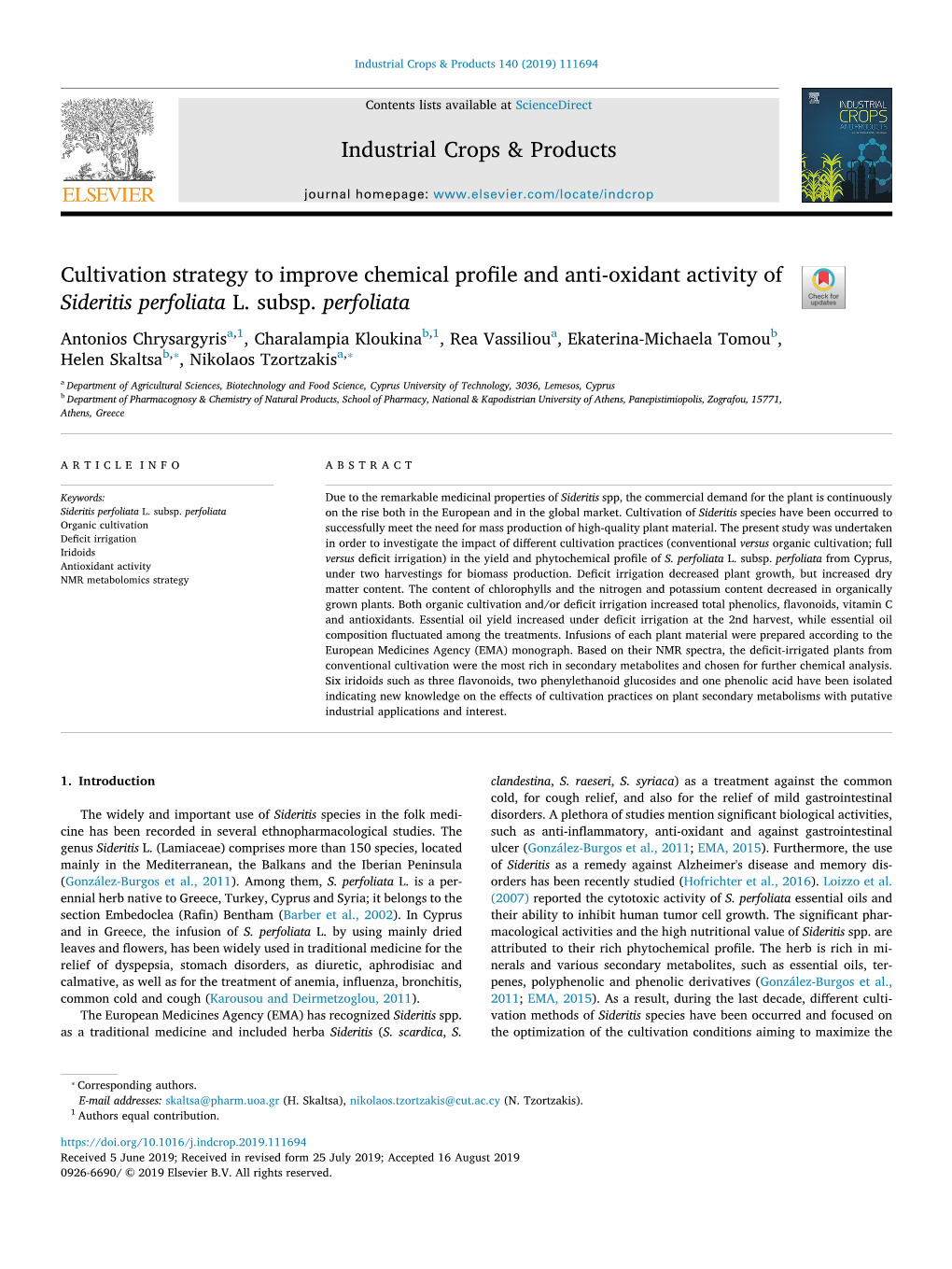 Cultivation Strategy to Improve Chemical Profile and Anti-Oxidant Activity of T Sideritis Perfoliata L