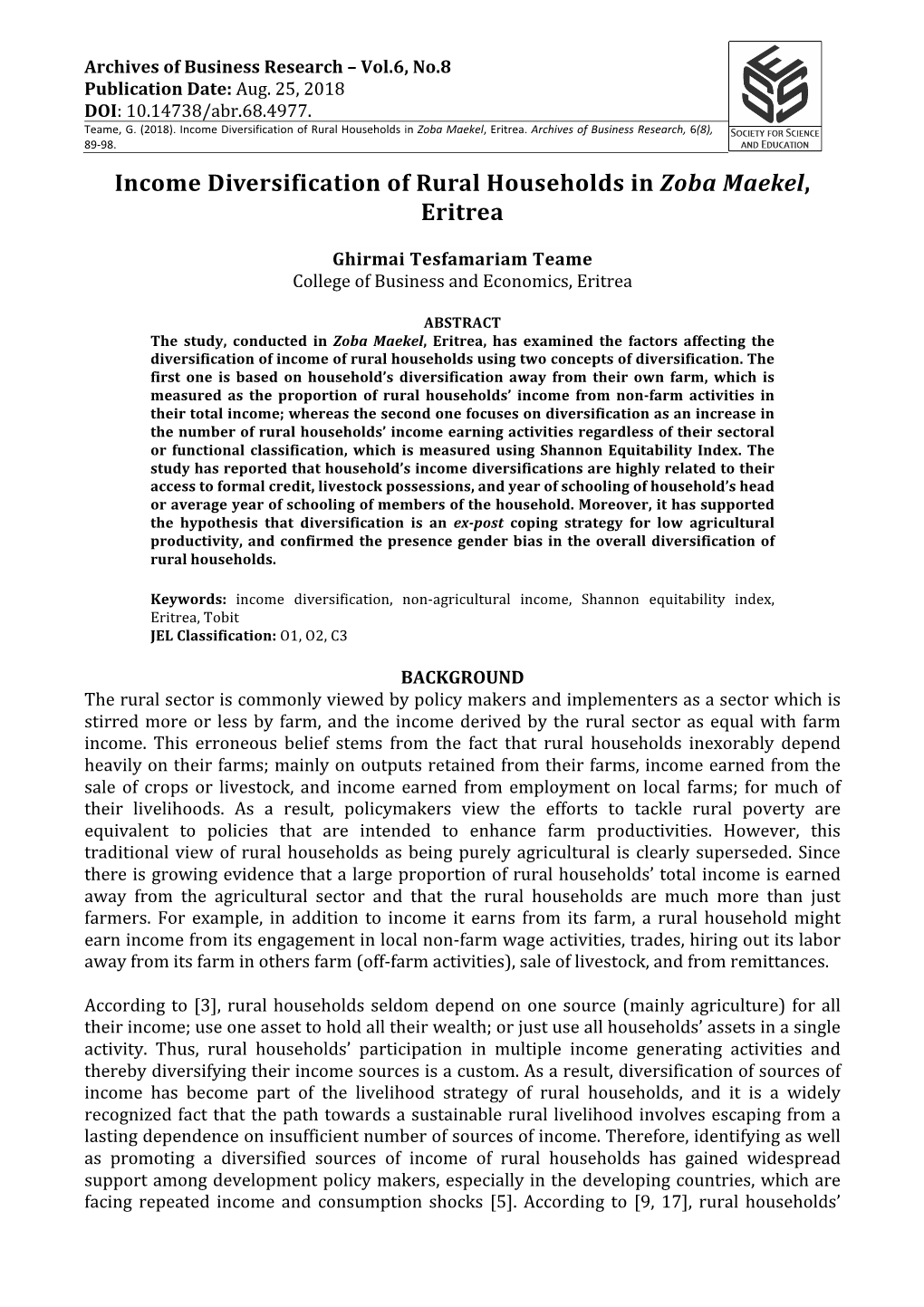 Income Diversification of Rural Households in Zoba Maekel, Eritrea