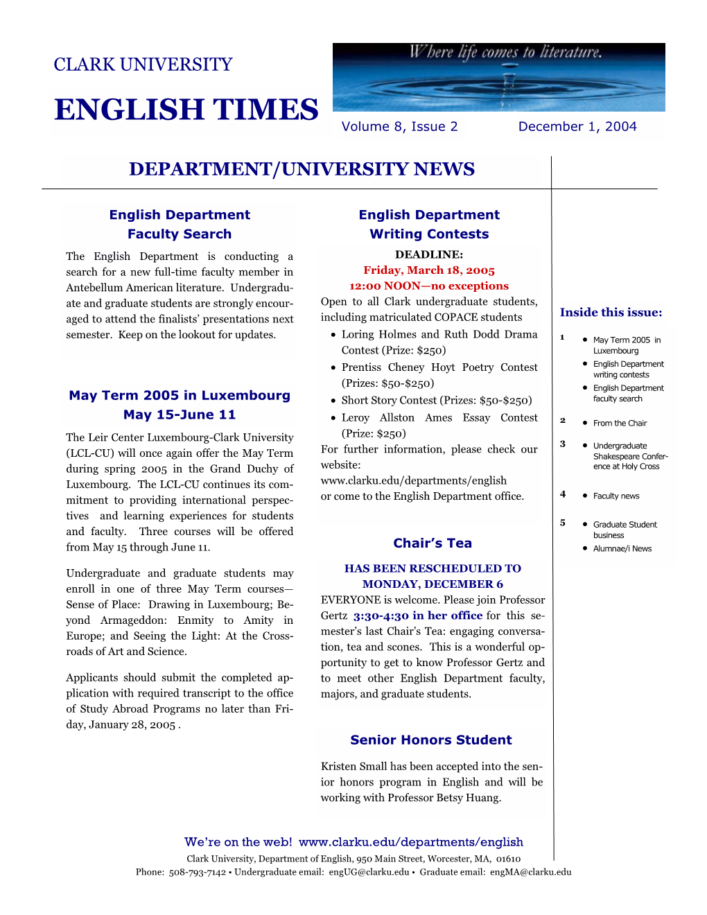 ENGLISH TIMES Volume 8, Issue 2 December 1, 2004