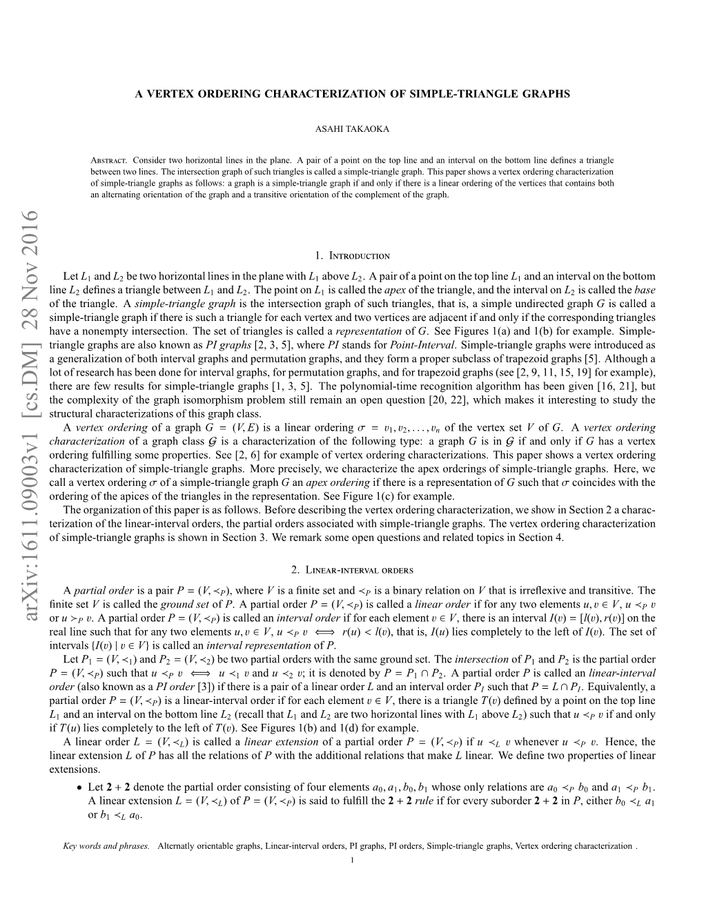 A Vertex Ordering Characterization of Simple-Triangle Graphs Based on the Ordering of the Apices of the Triangles in the Representation