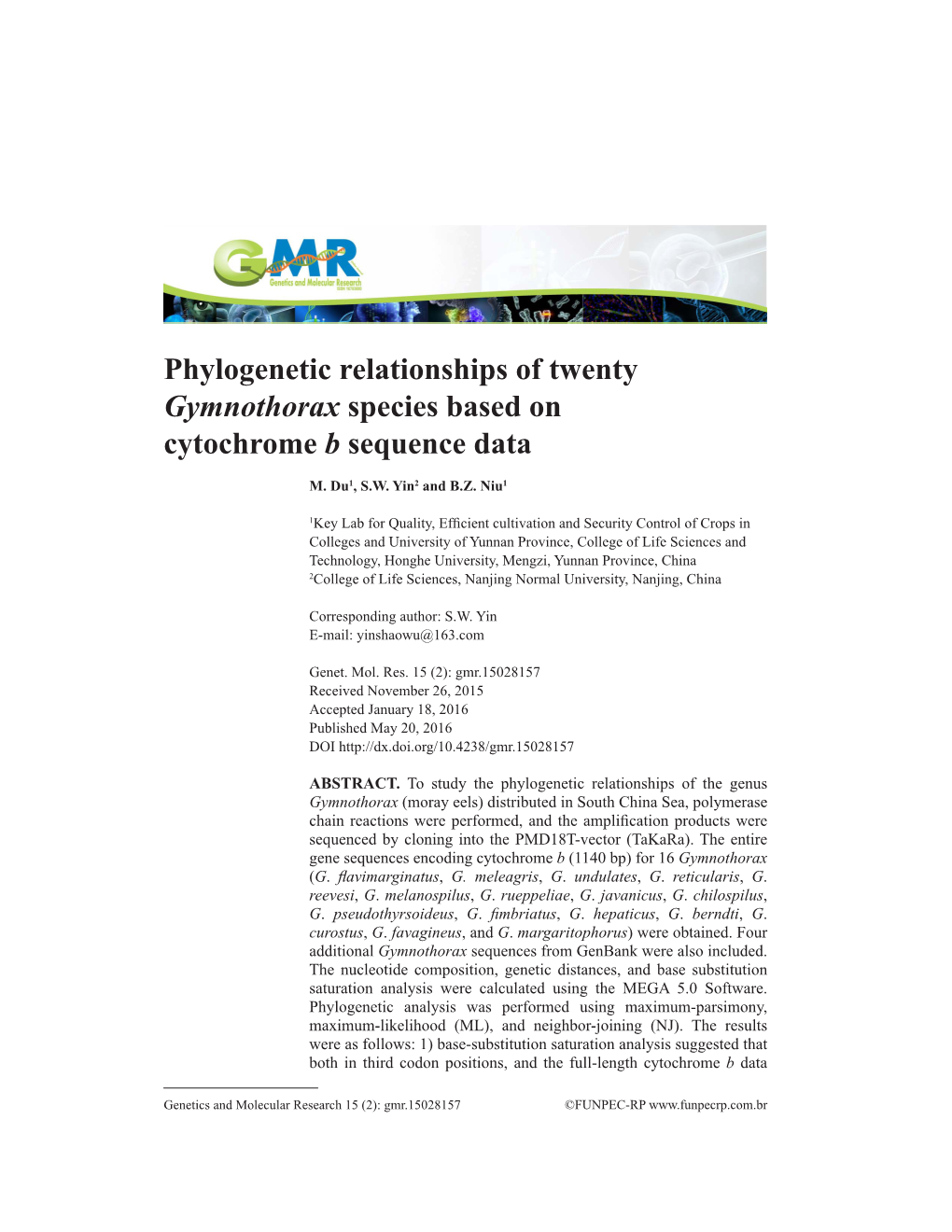 Phylogenetic Relationships of Twenty Gymnothorax Species Based on Cytochrome B Sequence Data