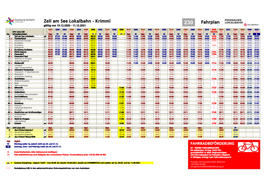 Zell Am See Lokalbahn - Krimml Fahrplan Gültig Von 13.12.2020 - 11.12.2021 230