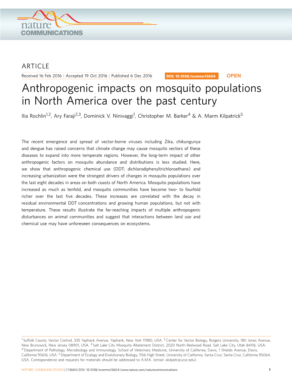 Anthropogenic Impacts on Mosquito Populations in North America Over the Past Century