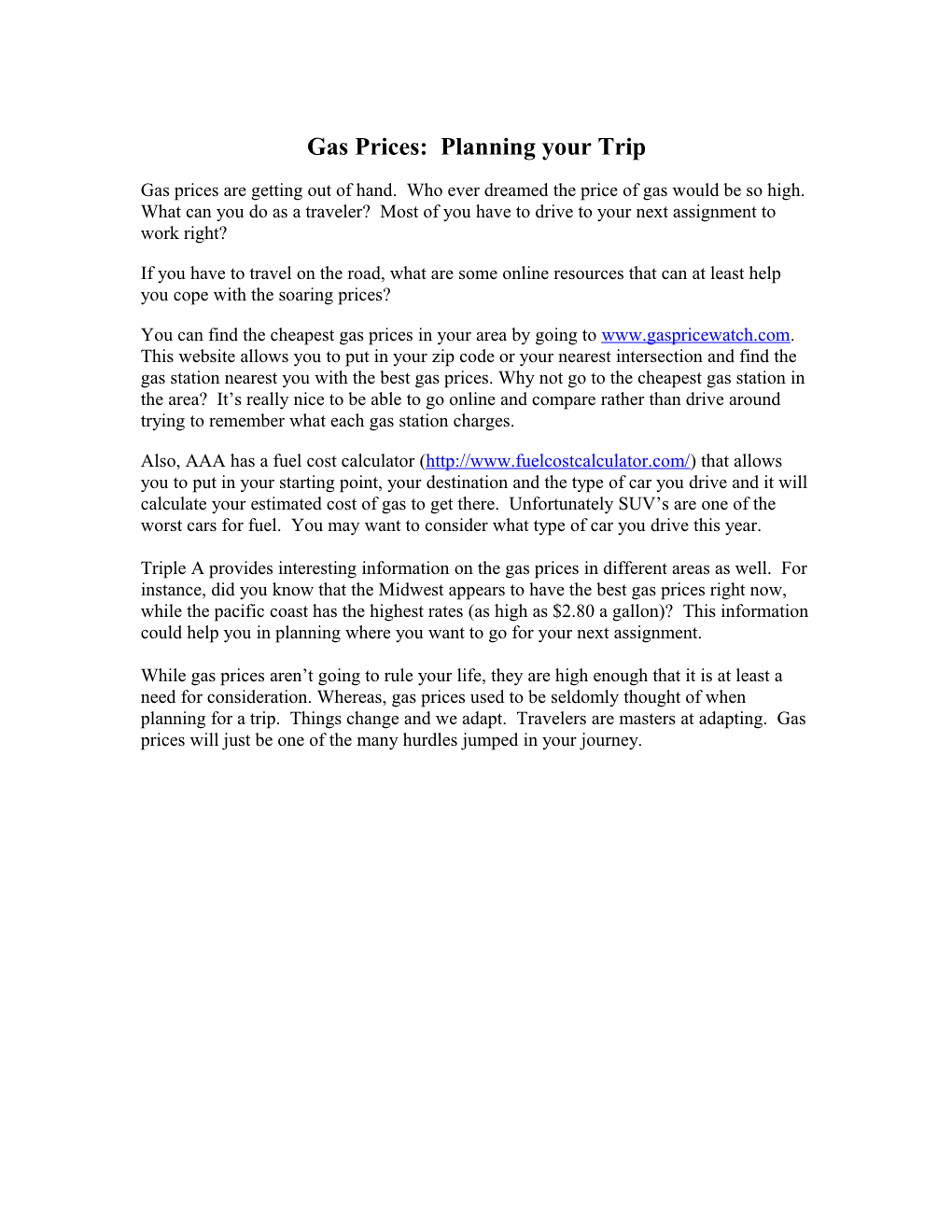 Gas Prices: Planning Your Trip