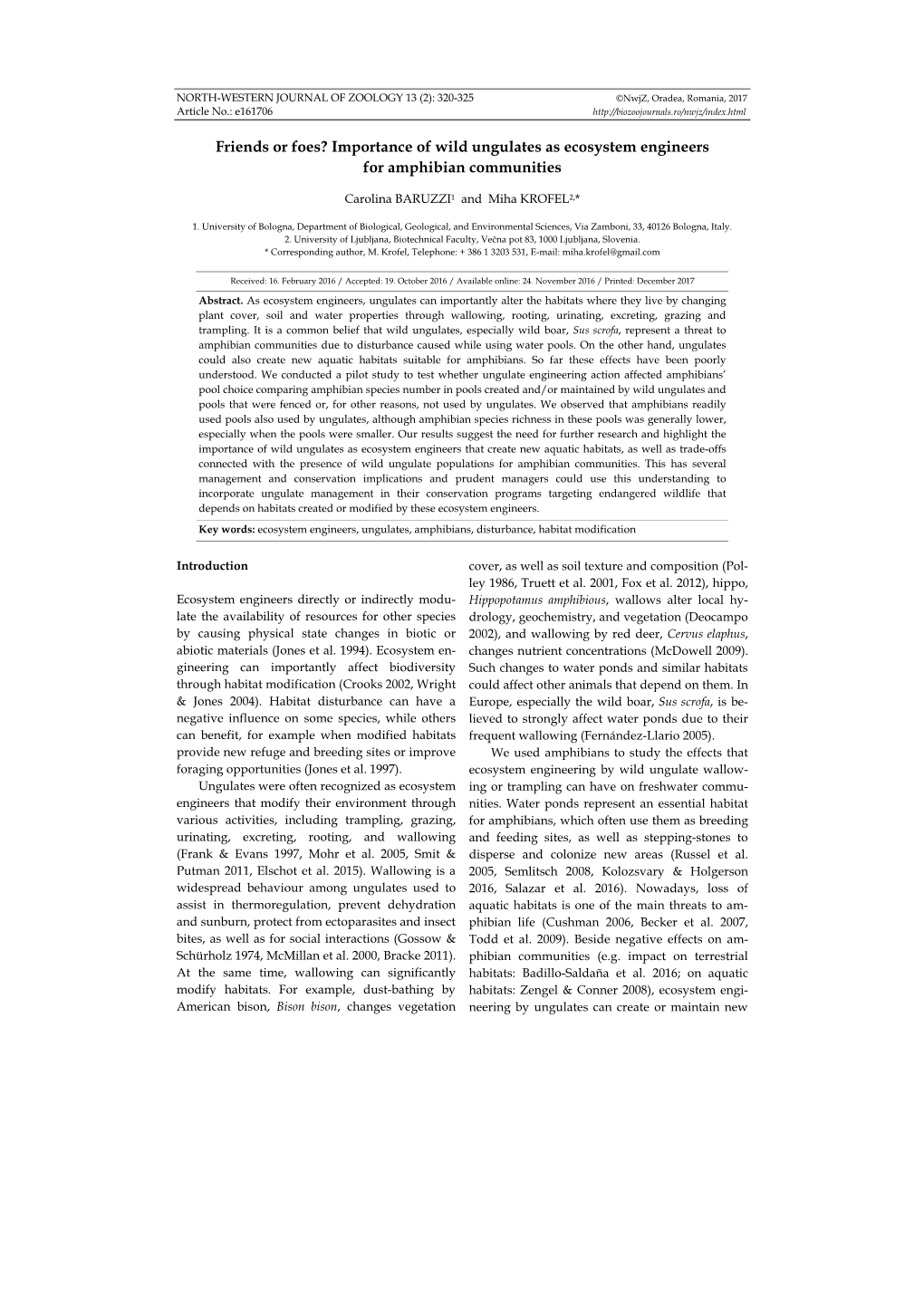 Friends Or Foes? Importance of Wild Ungulates As Ecosystem Engineers for Amphibian Communities