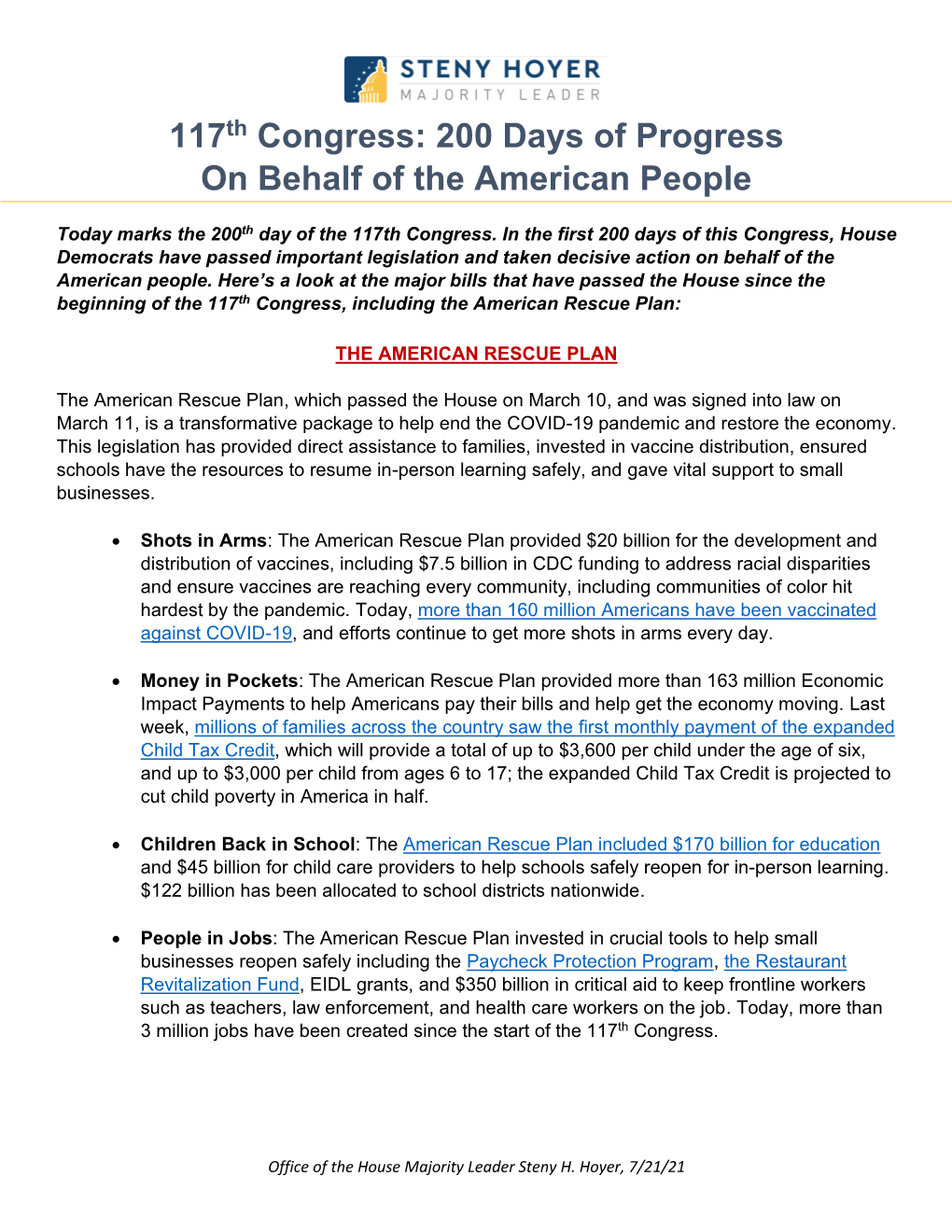 117Th Congress: 200 Days of Progress on Behalf of the American People
