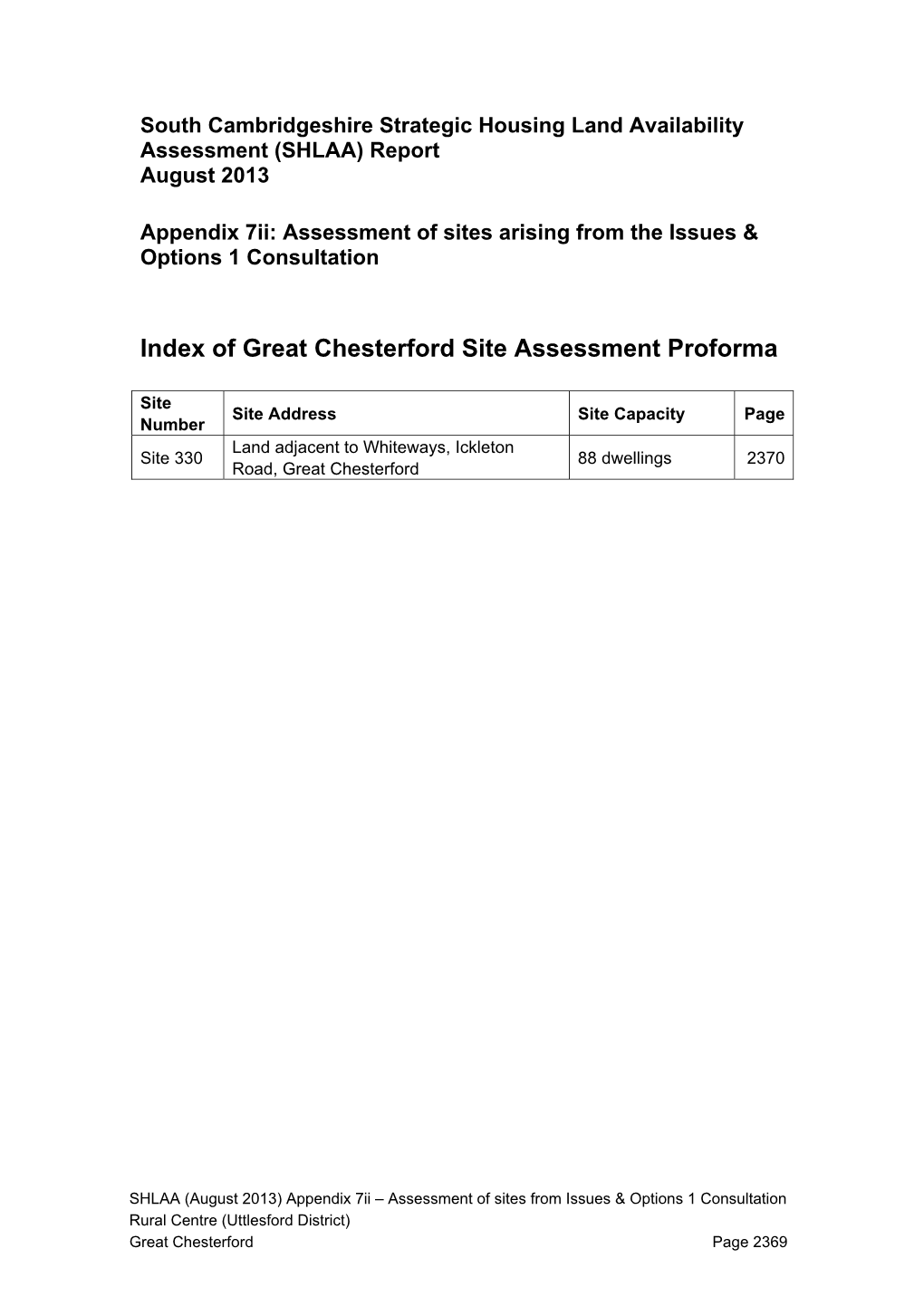 Great Chesterford Site Assessment Proforma