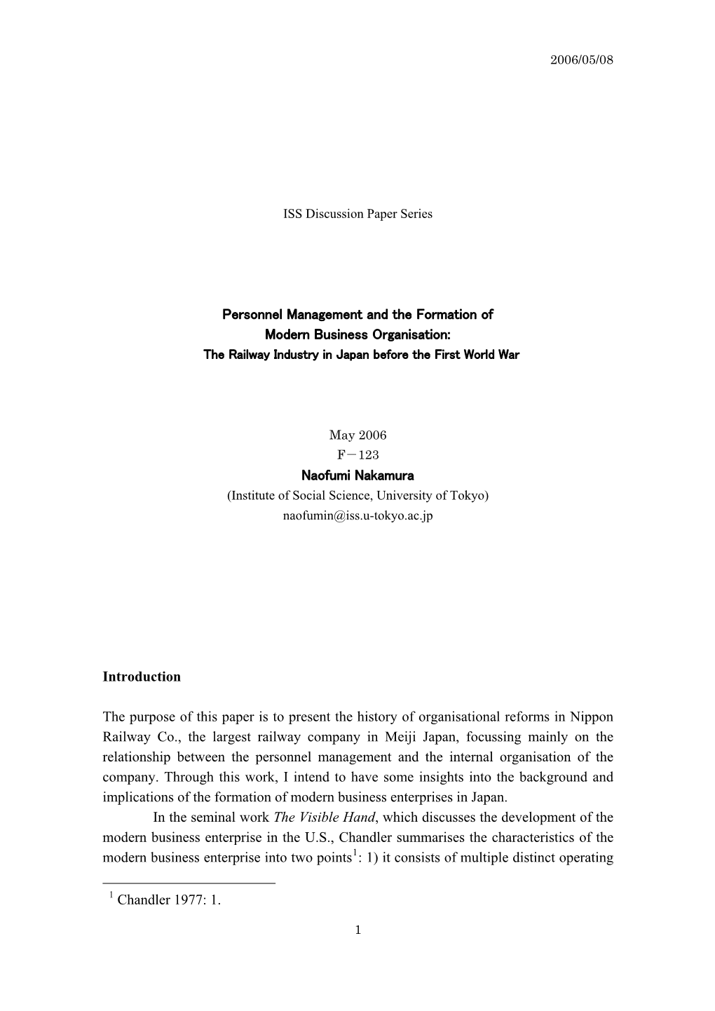 Personnel Management and the Formation of Modern Business Organisation: the Railway Industry in Japan Before the First World War