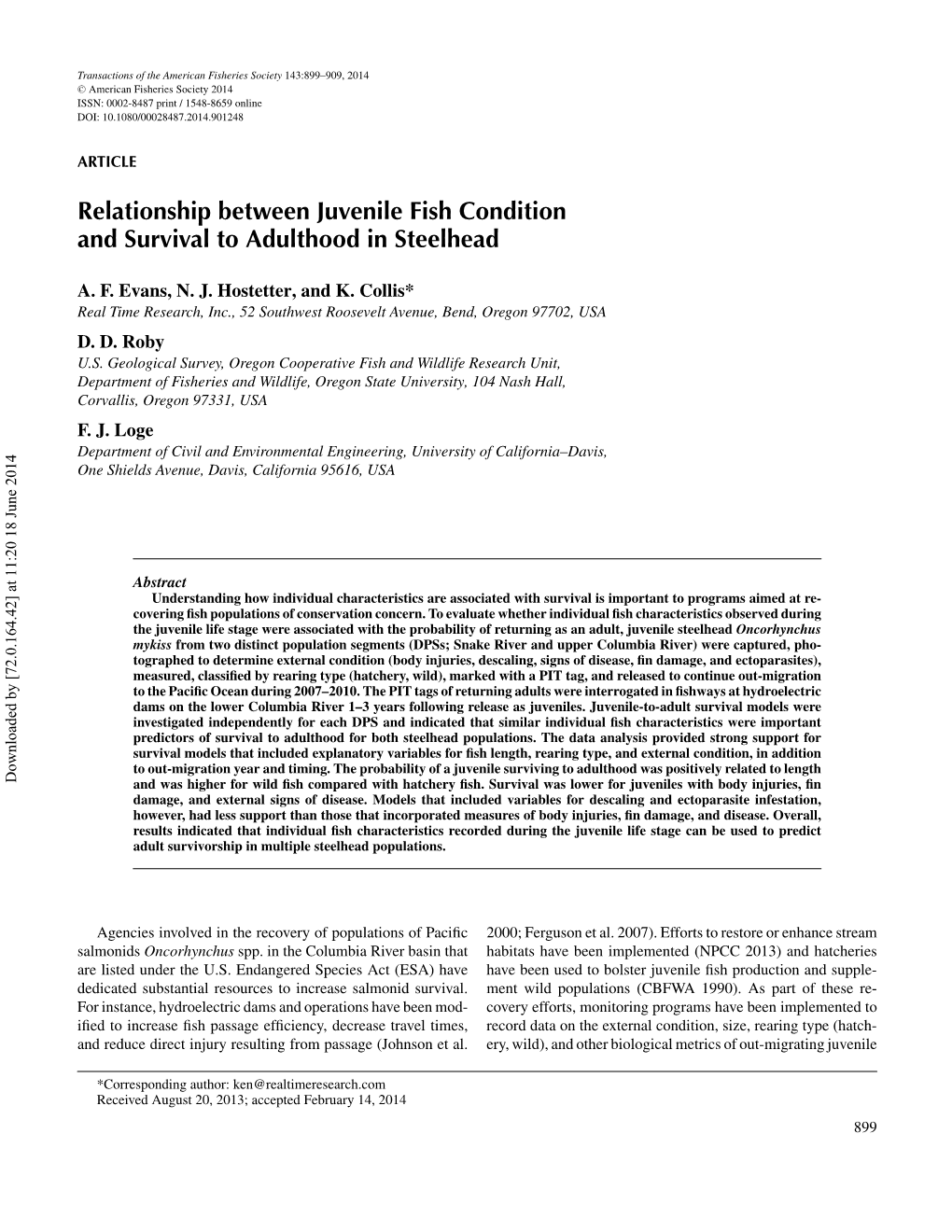 Relationship Between Juvenile Fish Condition and Survival to Adulthood in Steelhead