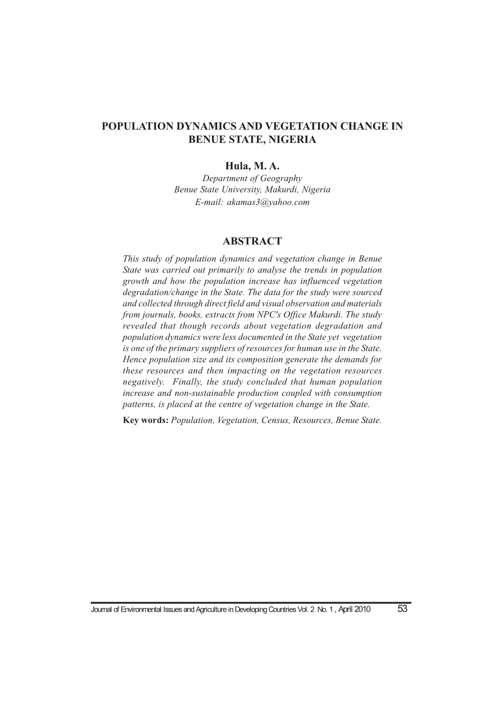 Population Dynamics and Vegetation Change in Benue State, Nigeria