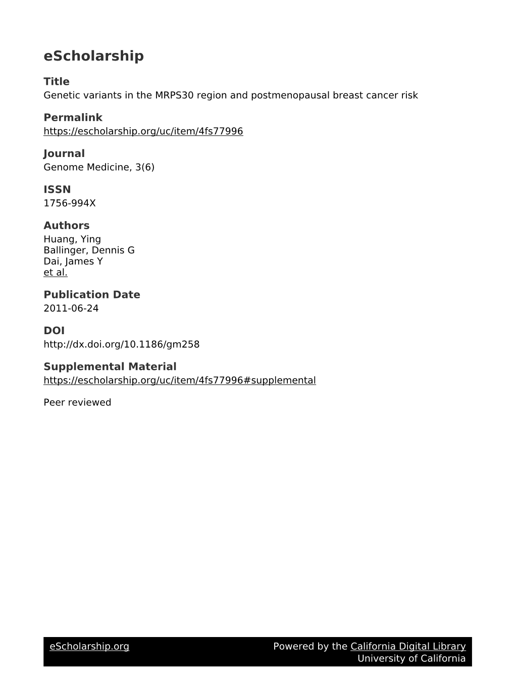 Genetic Variants in the MRPS30 Region and Postmenopausal Breast Cancer Risk