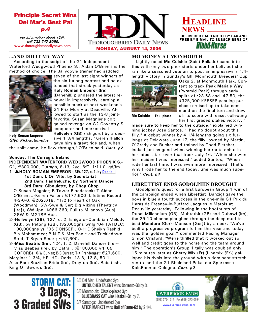 HEADLINE P.4 NEWS for Information About TDN, DELIVERED EACH NIGHT by FAX and FREE by E-MAIL to SUBSCRIBERS of Call 732-747-8060