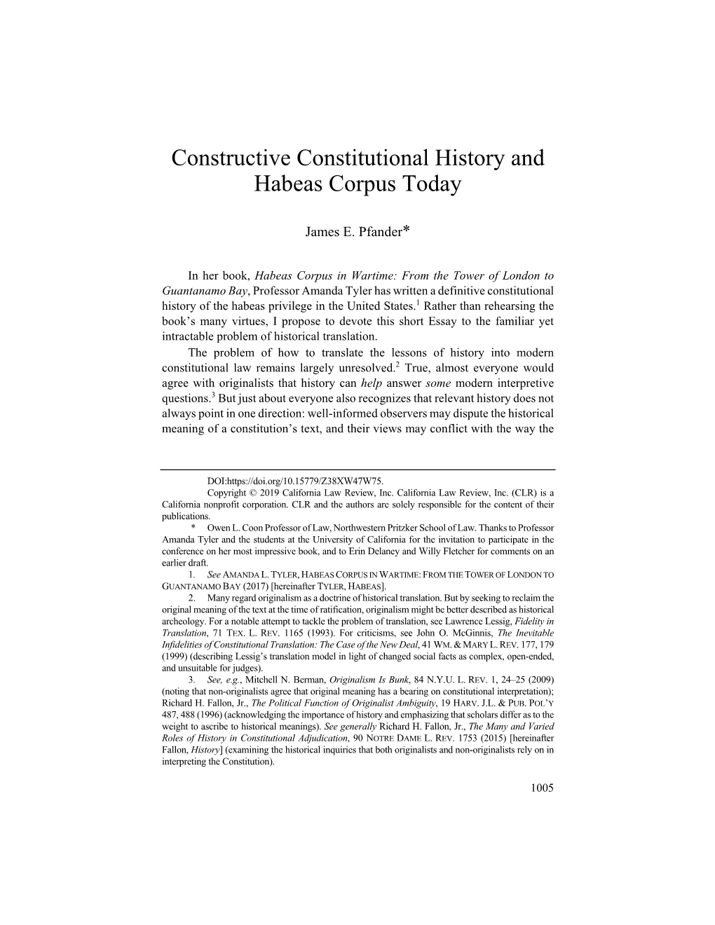 Constructive Constitutional History and Habeas Corpus Today