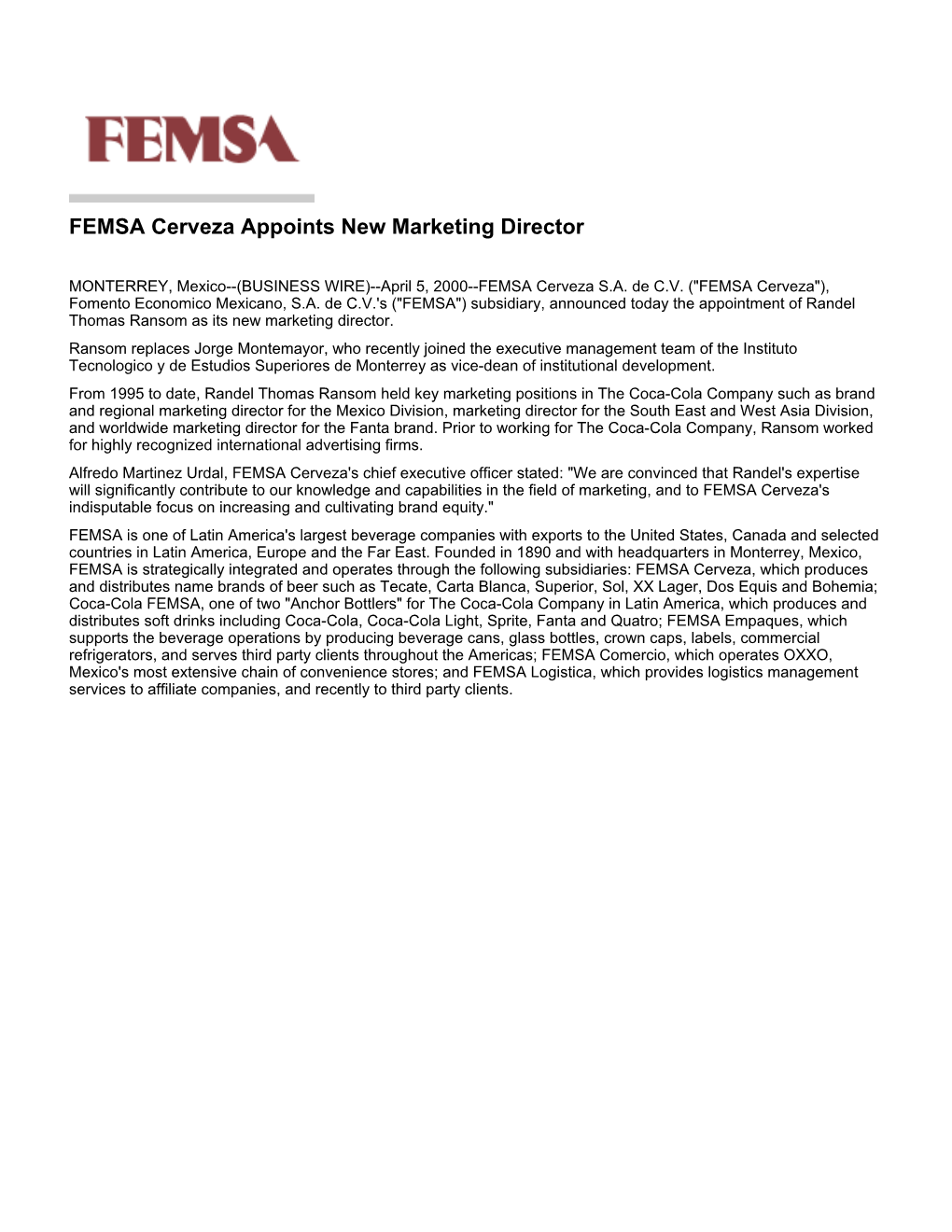 FEMSA Cerveza Appoints New Marketing Director