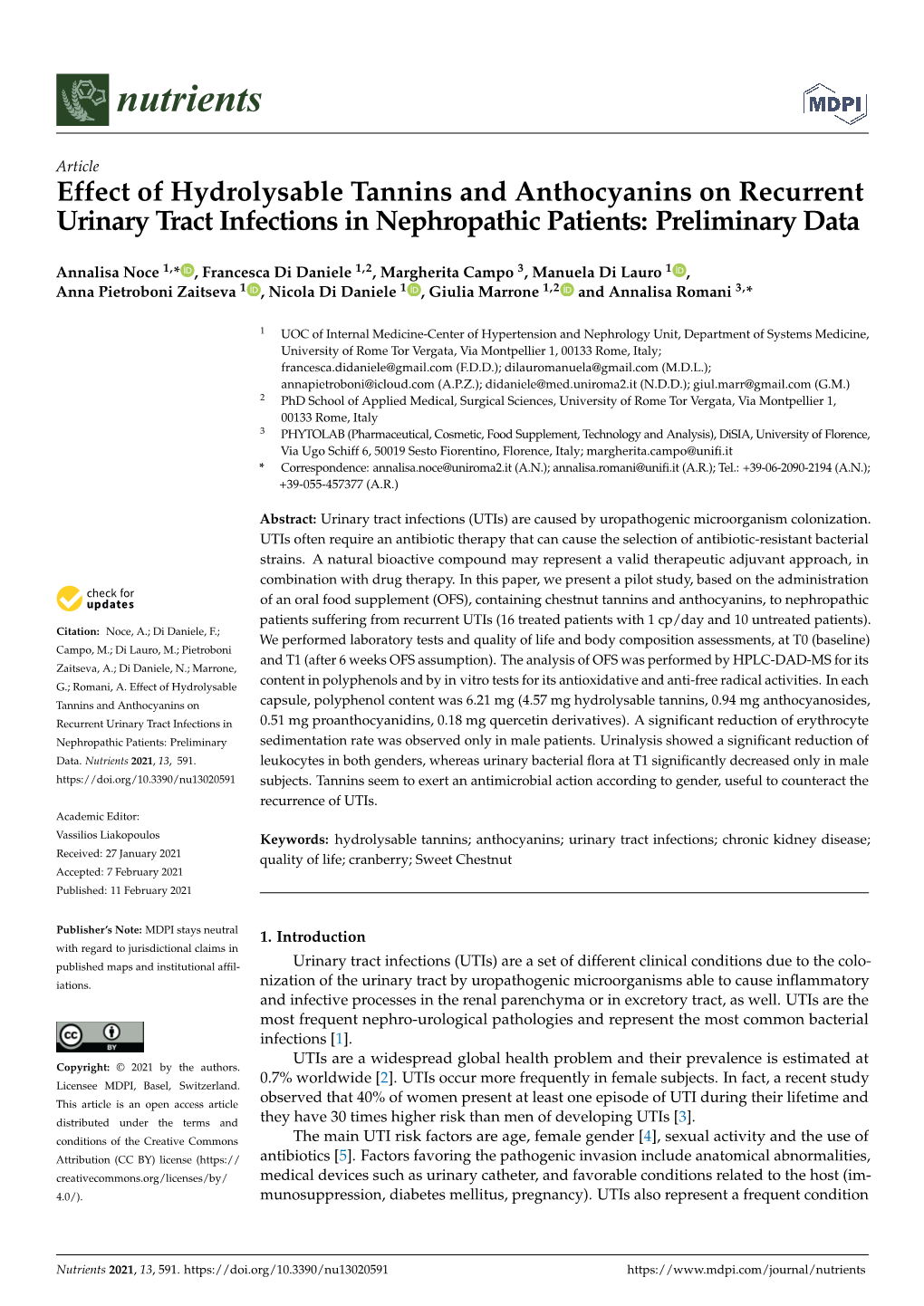 Effect of Hydrolysable Tannins and Anthocyanins on Recurrent Urinary Tract Infections in Nephropathic Patients: Preliminary Data
