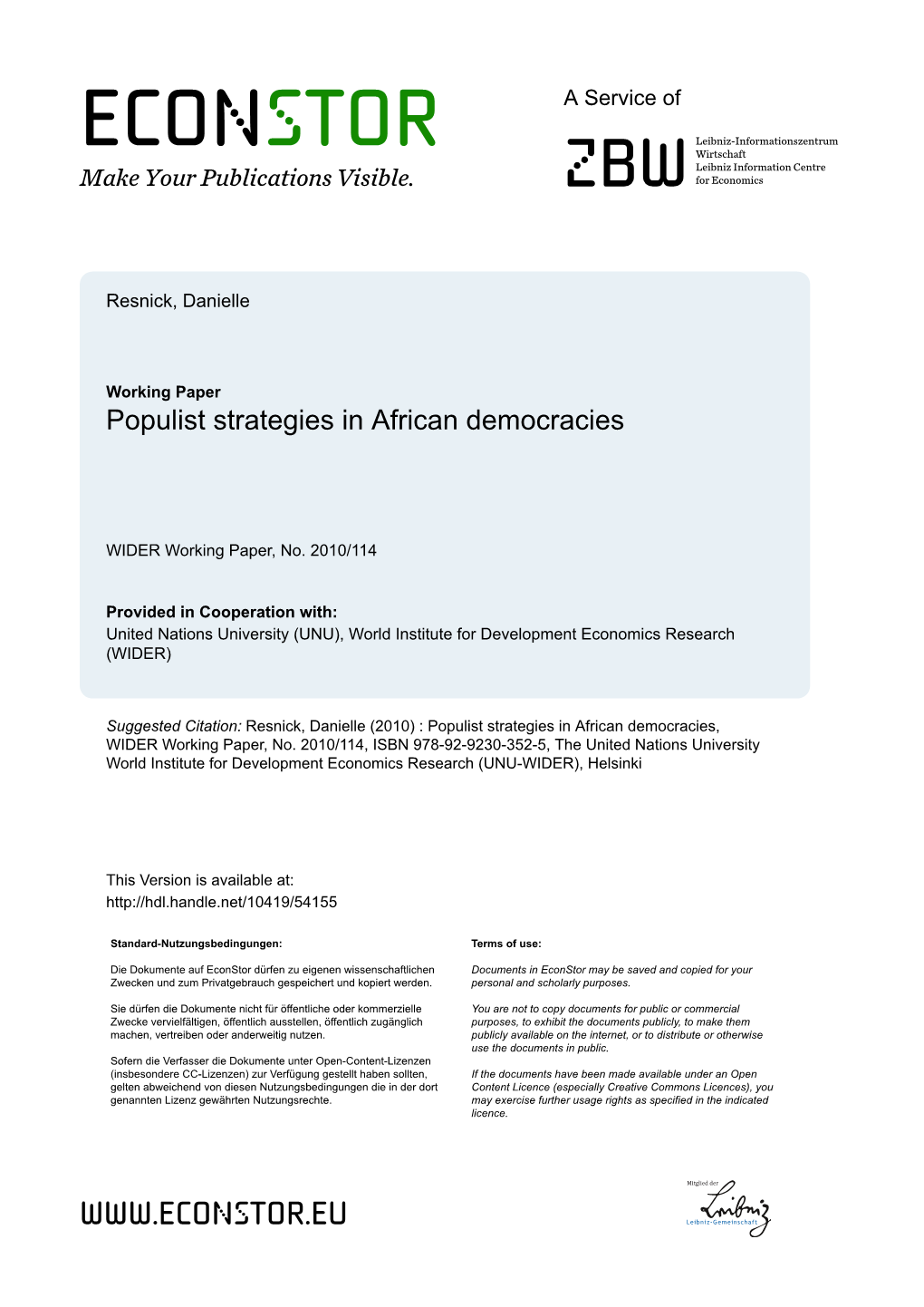 WIDER Working Paper No. 2010/114 Populist Strategies in African