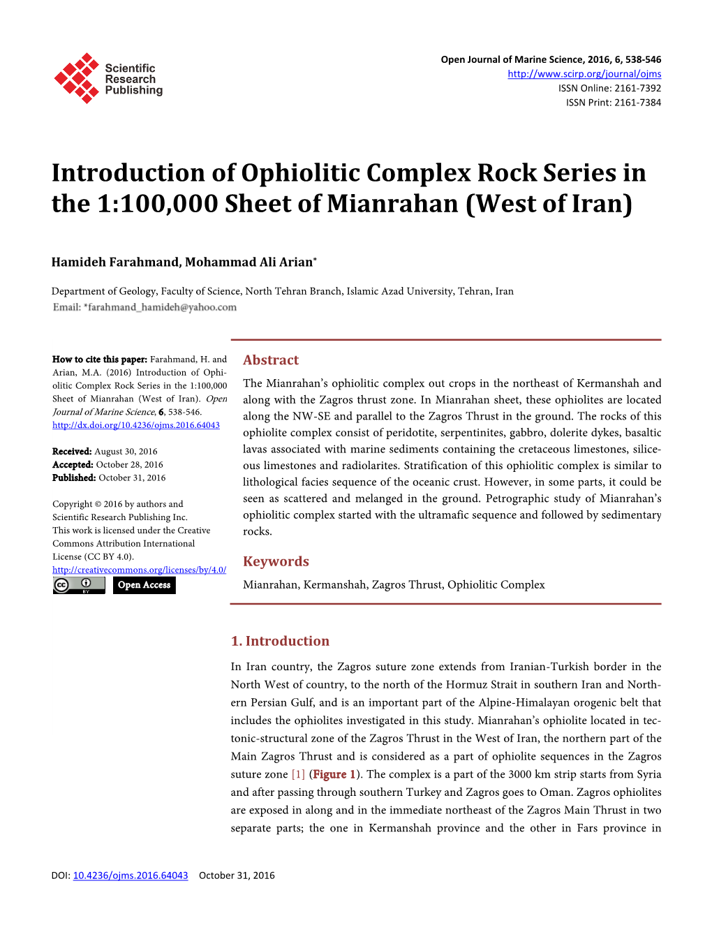 Introduction of Ophiolitic Complex Rock Series in the 1:100,000 Sheet of Mianrahan (West of Iran)