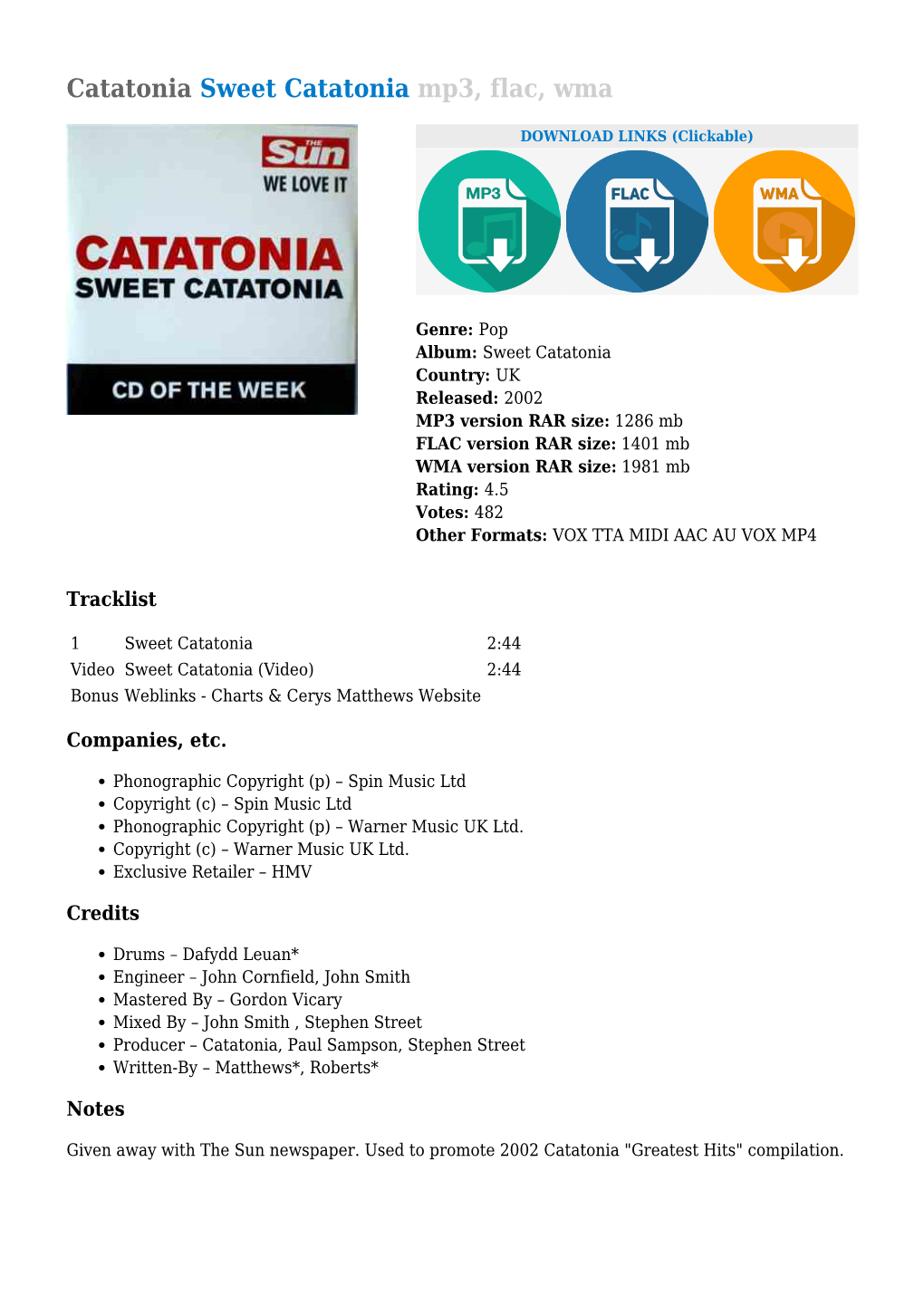 Sweet Catatonia Mp3, Flac, Wma