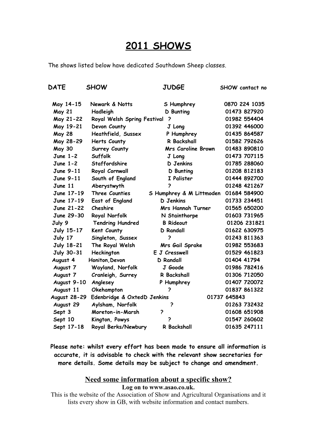 The Shows Listed Below Have Dedicated Southdown Sheep Classes