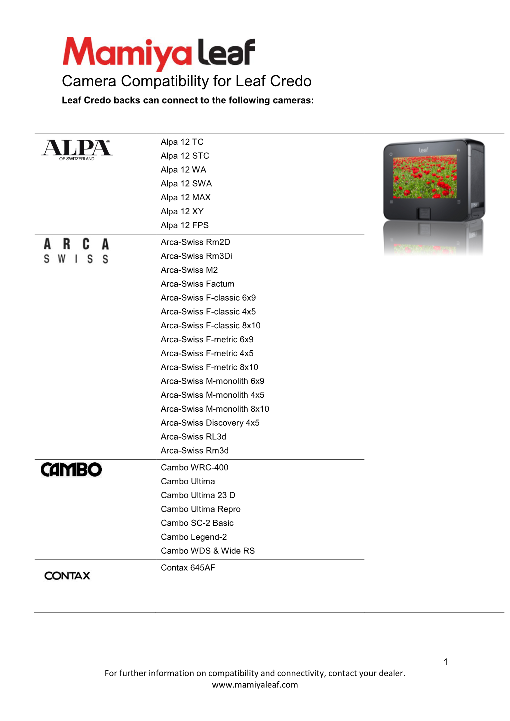 Camera Compatibility for Leaf Credo Leaf Credo Backs Can Connect to the Following Cameras