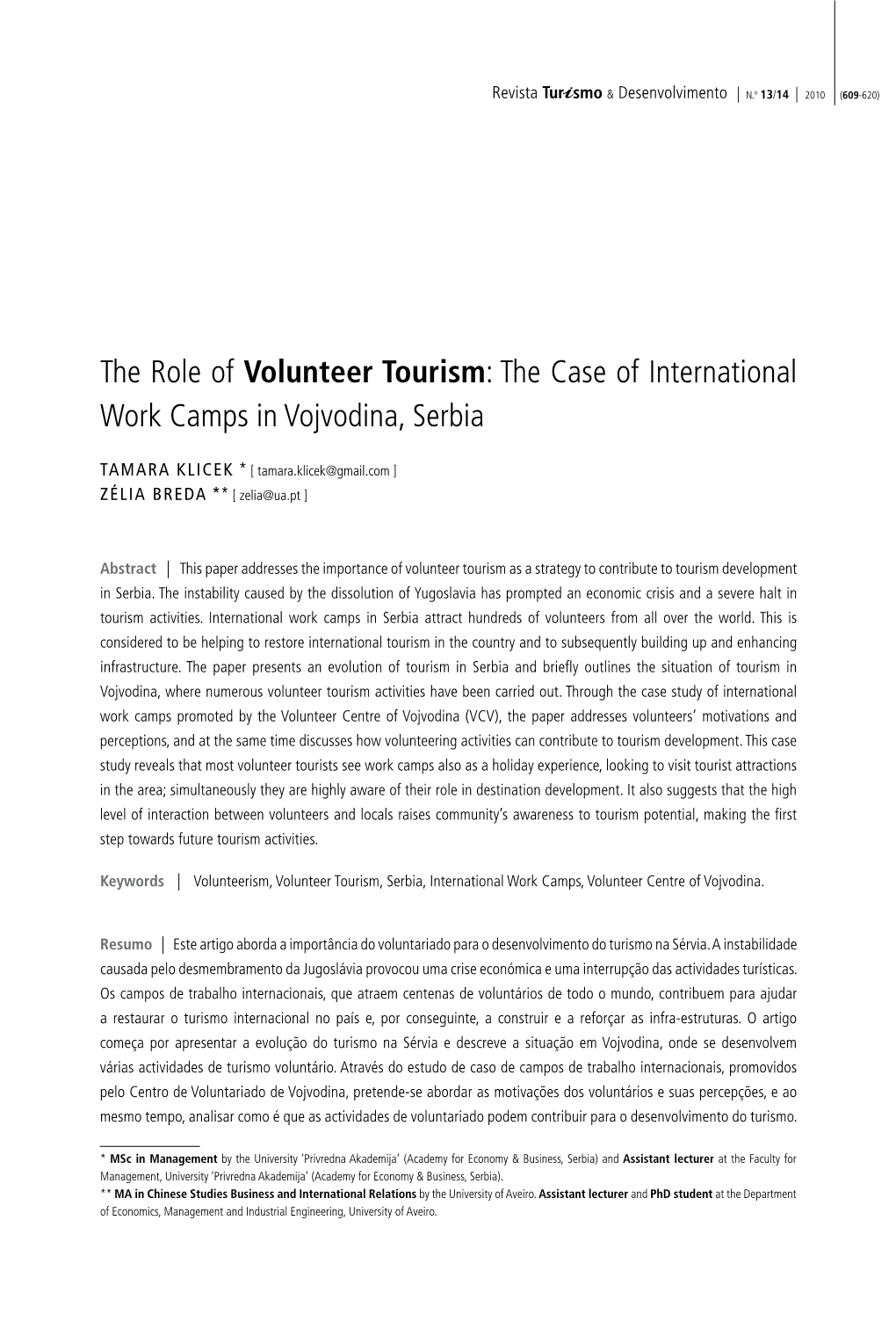 The Role of Volunteer Tourism: the Case of International Work Camps in Vojvodina, Serbia