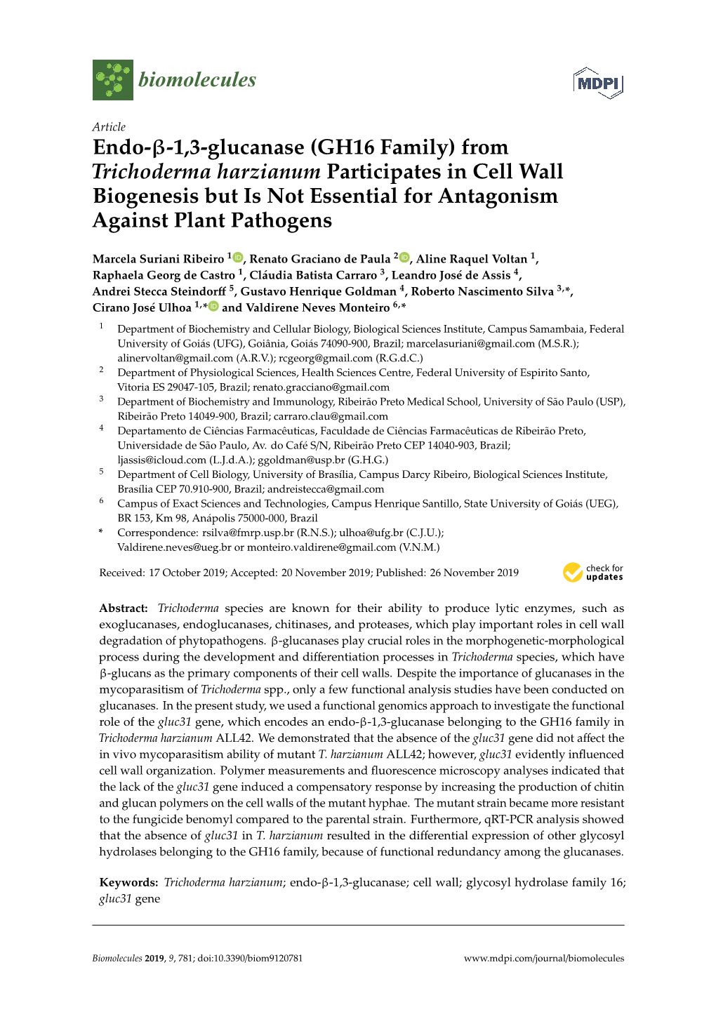 Endo-Β-1,3-Glucanase (GH16 Family) from Trichoderma Harzianum Participates in Cell Wall Biogenesis but Is Not Essential for Antagonism Against Plant Pathogens