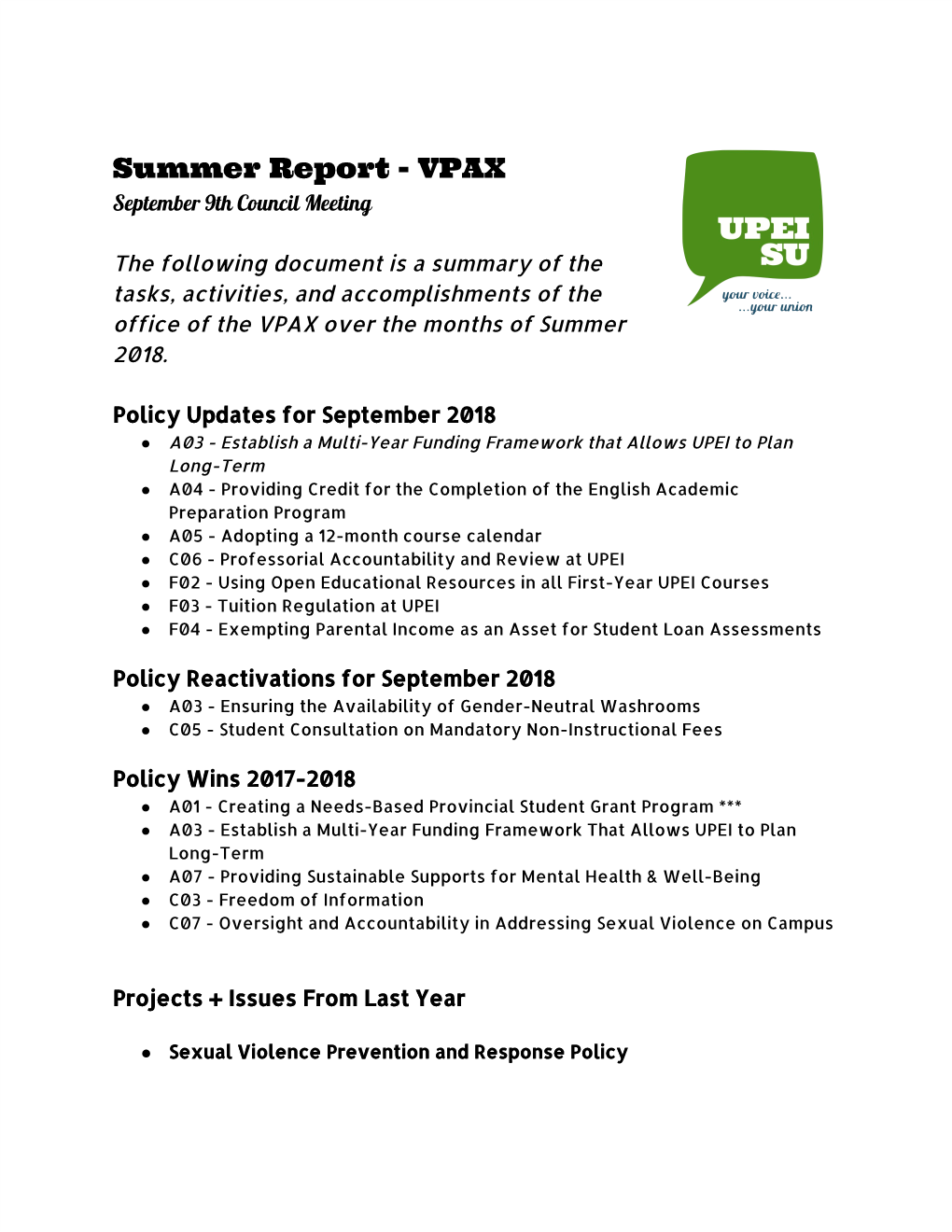 Summer Report - VPAX September 9Th Council Meeting